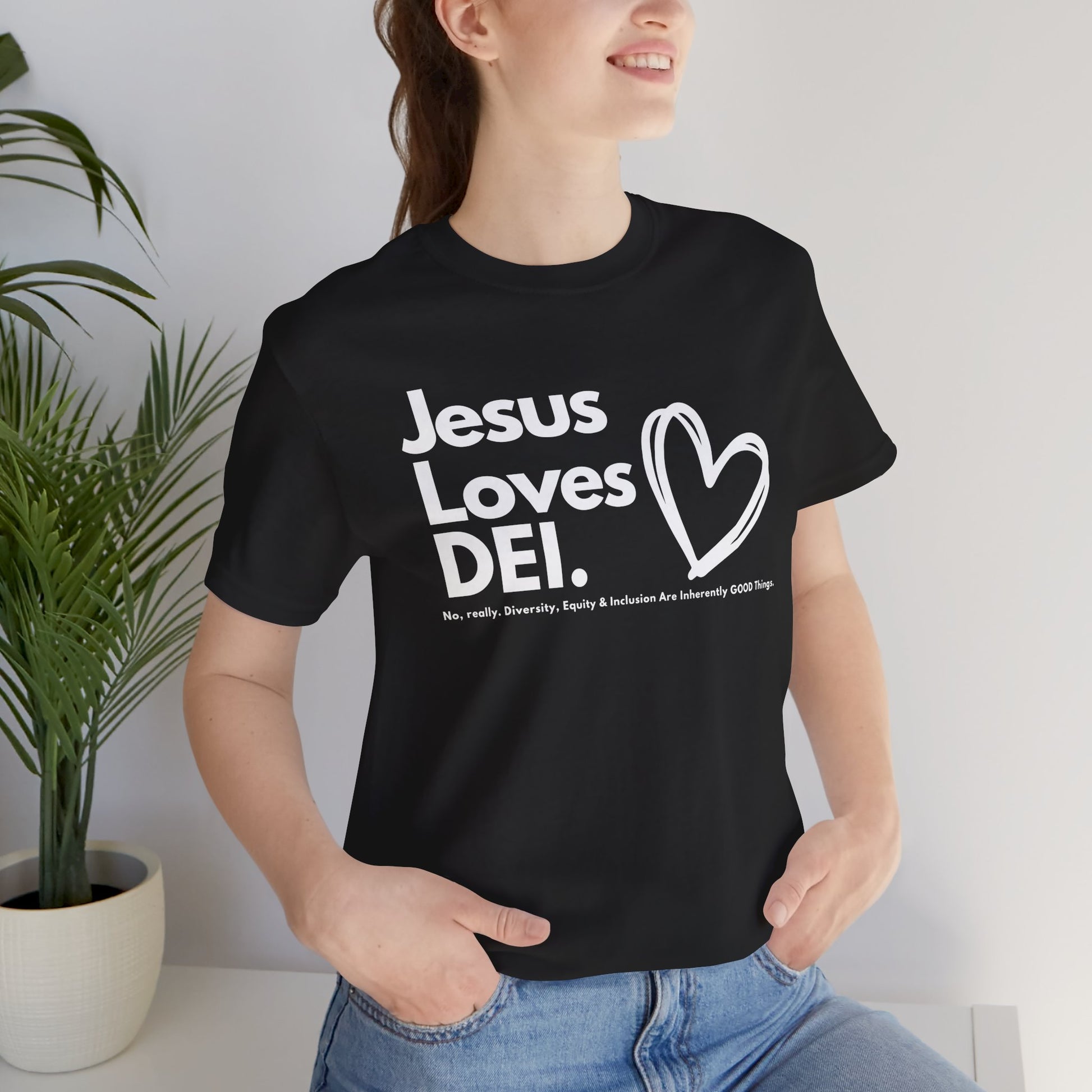 Jesus Loves DEI (Style 1, Heart) Unisex Tee | Progressive Statement T-Shirt for Everyday Wear