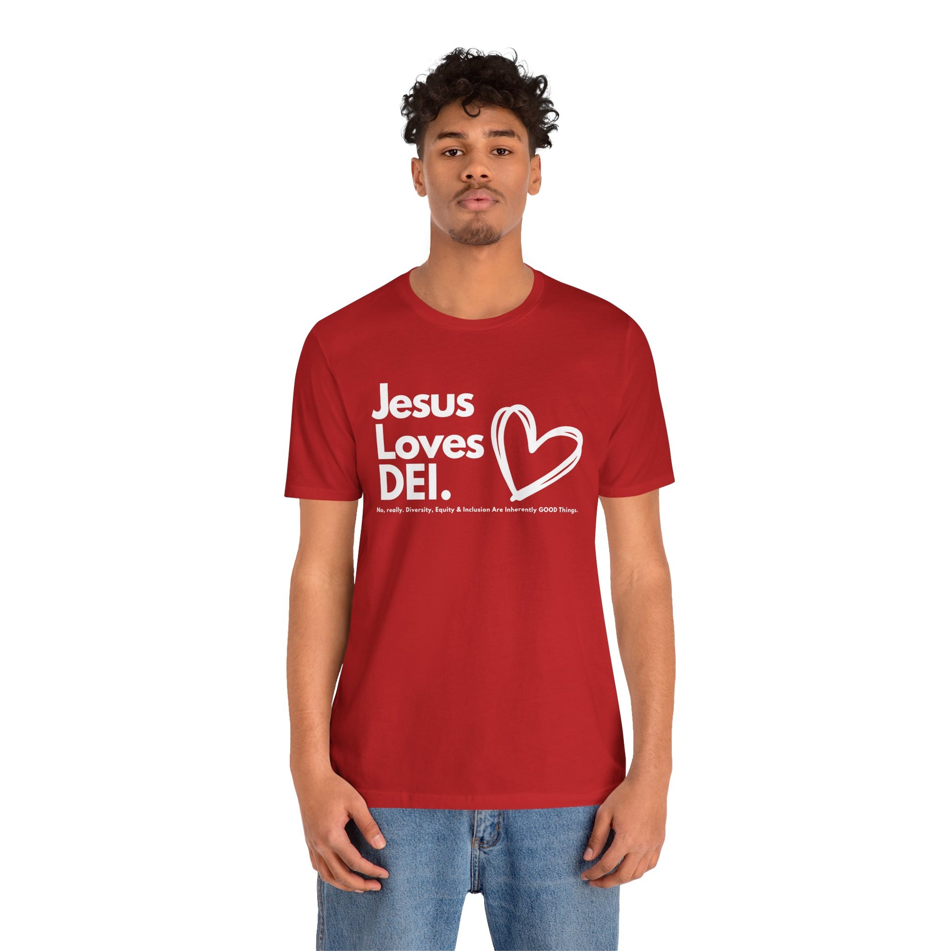 Jesus Loves DEI (Style 1, Heart) Unisex Tee | Progressive Statement T-Shirt for Everyday Wear
