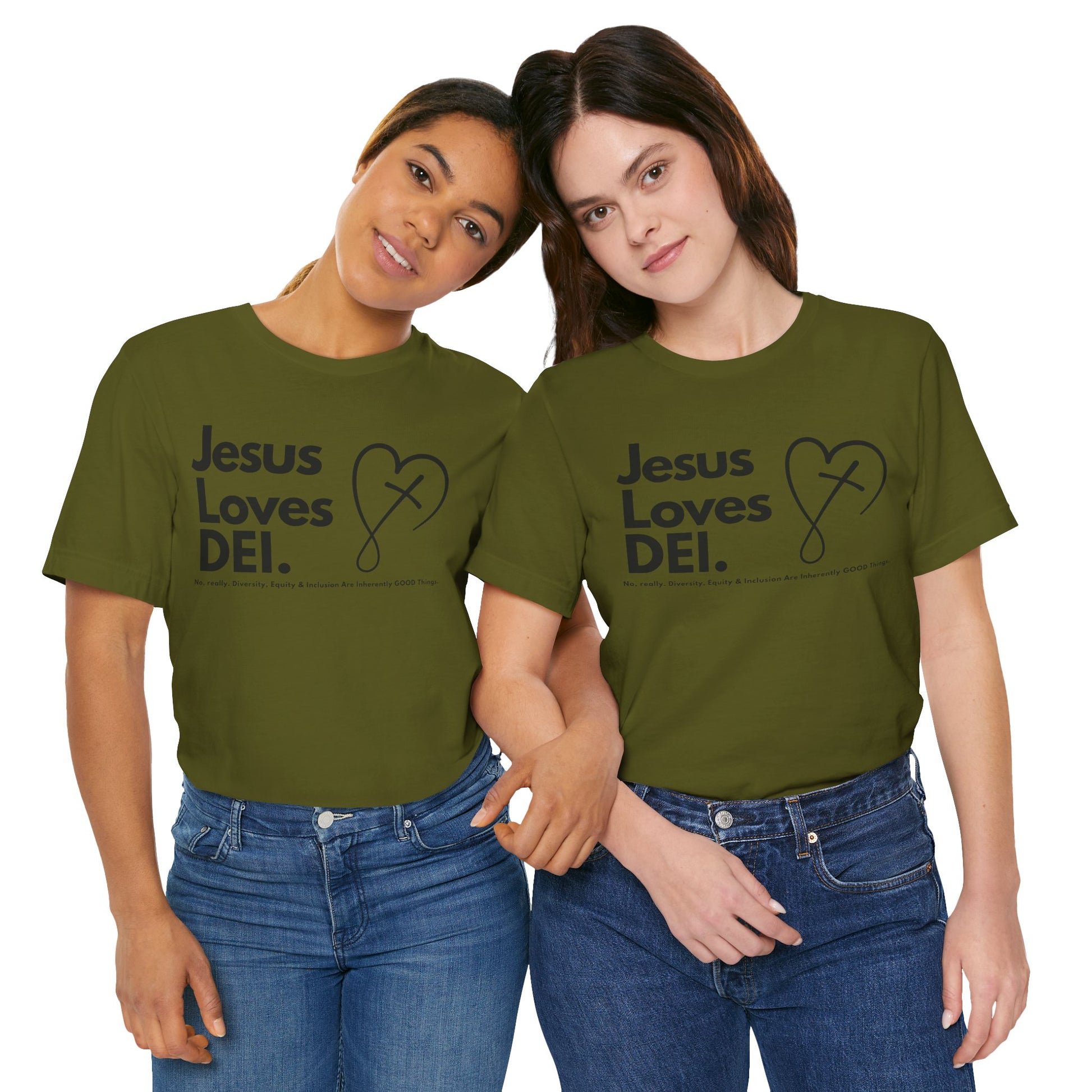 Jesus Loves DEI (Style 2, CrossHeart) Unisex Jersey Tee | Progressive Statement T-Shirt for Everyday Wear