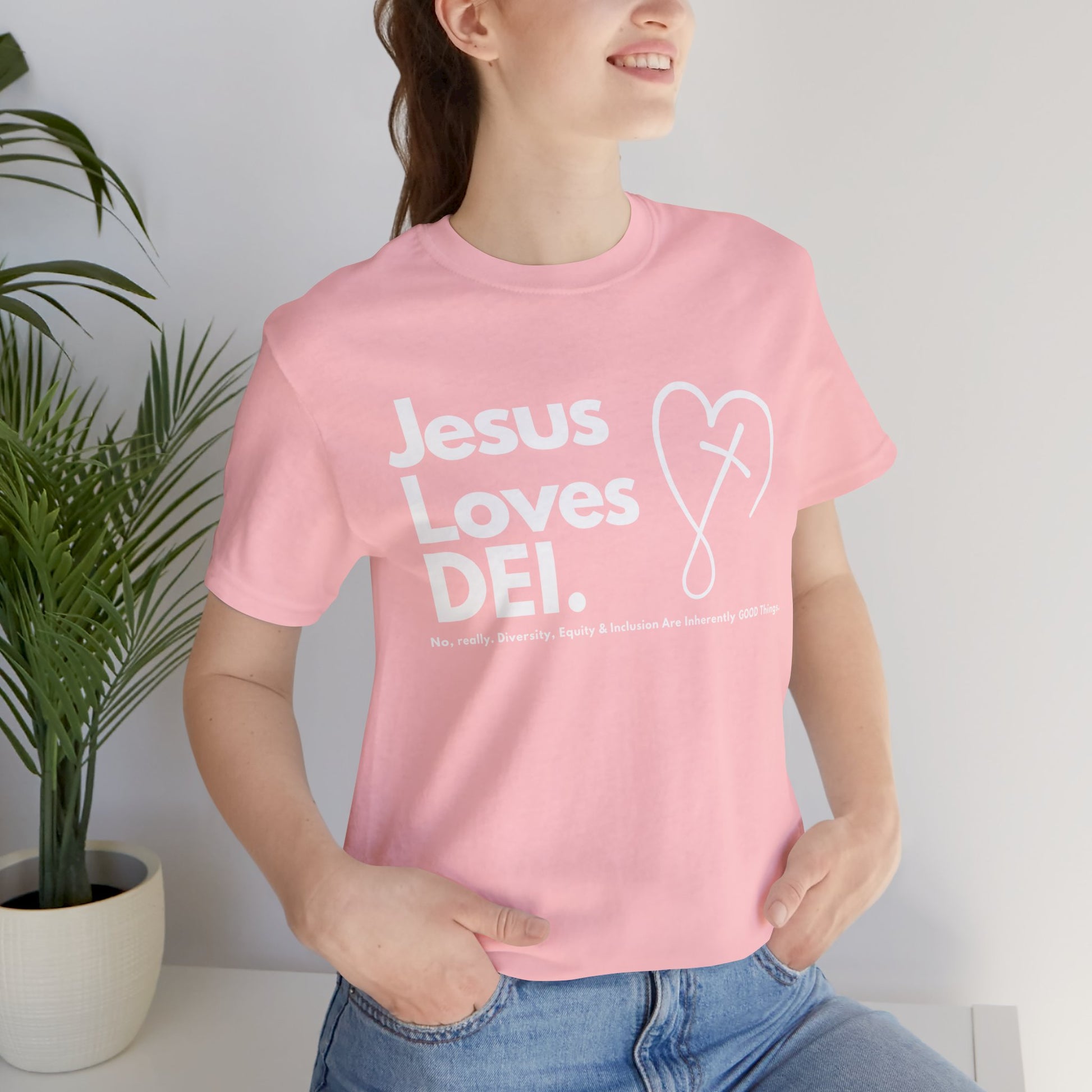 Jesus Loves DEI (Style 2, CrossHeart) Unisex Jersey Tee | Progressive Statement T-Shirt for Everyday Wear