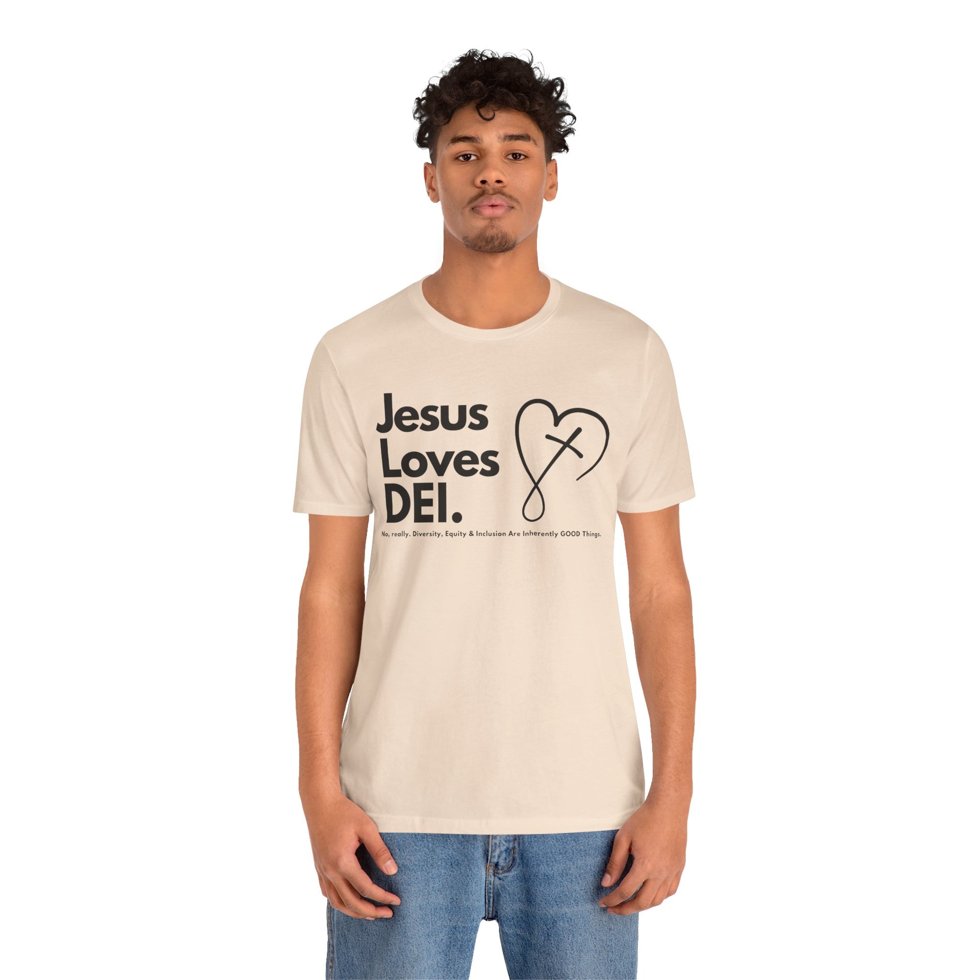 Jesus Loves DEI (Style 2, CrossHeart) Unisex Jersey Tee | Progressive Statement T-Shirt for Everyday Wear