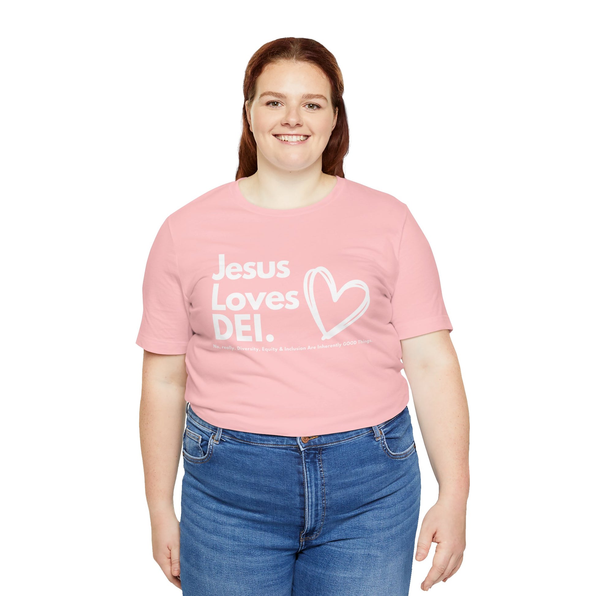 Jesus Loves DEI (Style 1, Heart) Unisex Tee | Progressive Statement T-Shirt for Everyday Wear