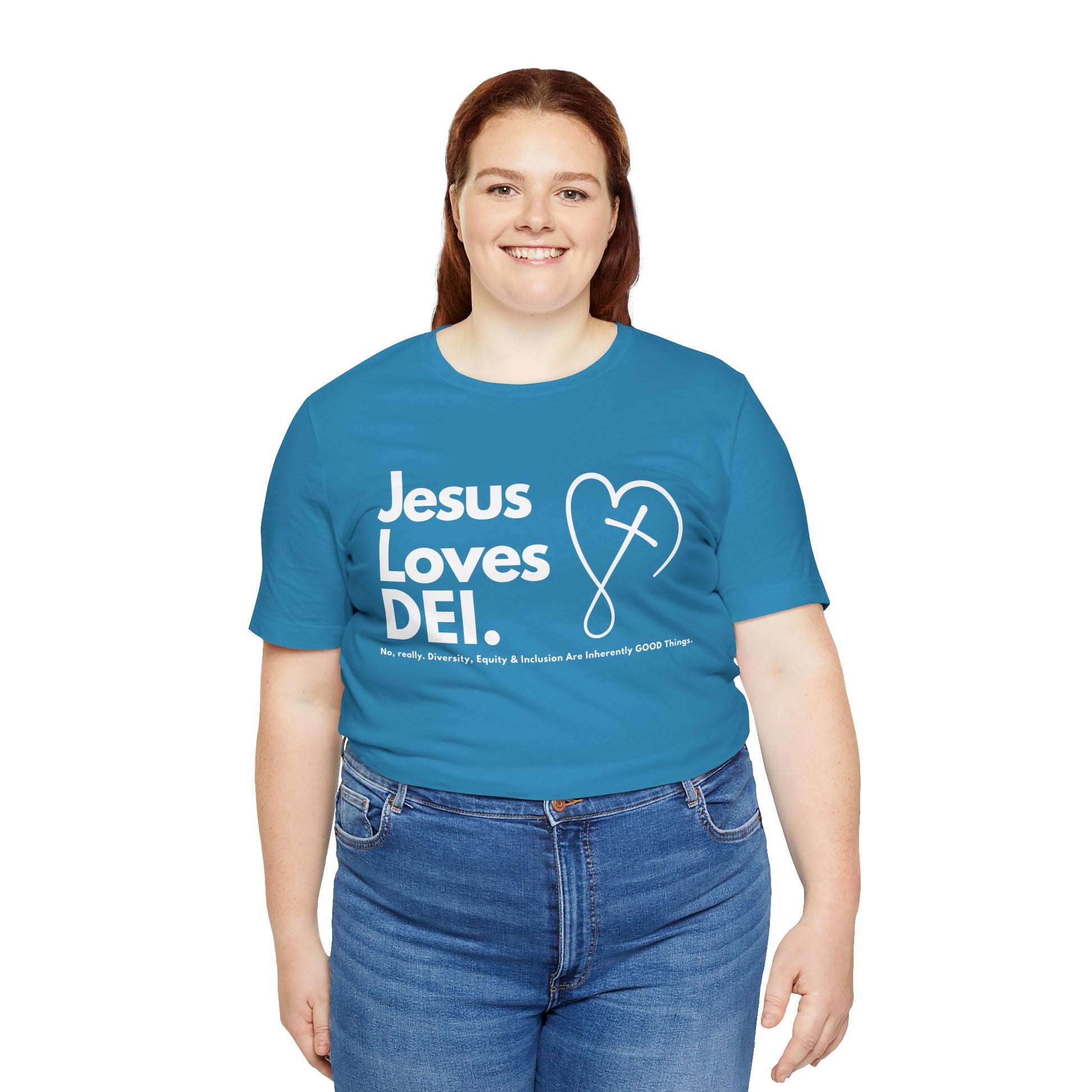 Jesus Loves DEI (Style 2, CrossHeart) Unisex Jersey Tee | Progressive Statement T-Shirt for Everyday Wear