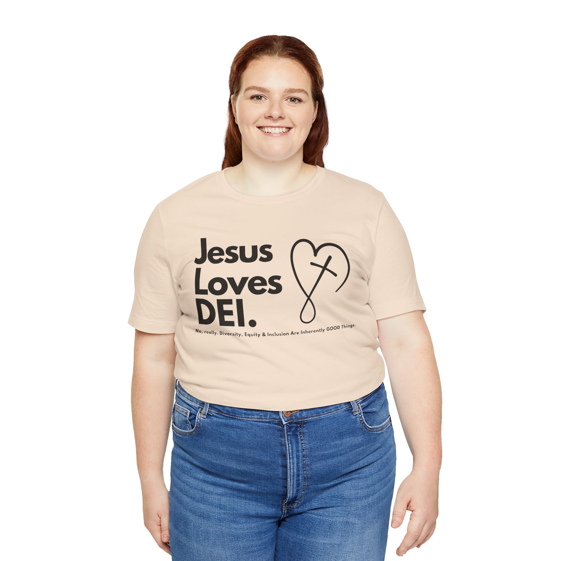 Jesus Loves DEI (Style 2, CrossHeart) Unisex Jersey Tee | Progressive Statement T-Shirt for Everyday Wear