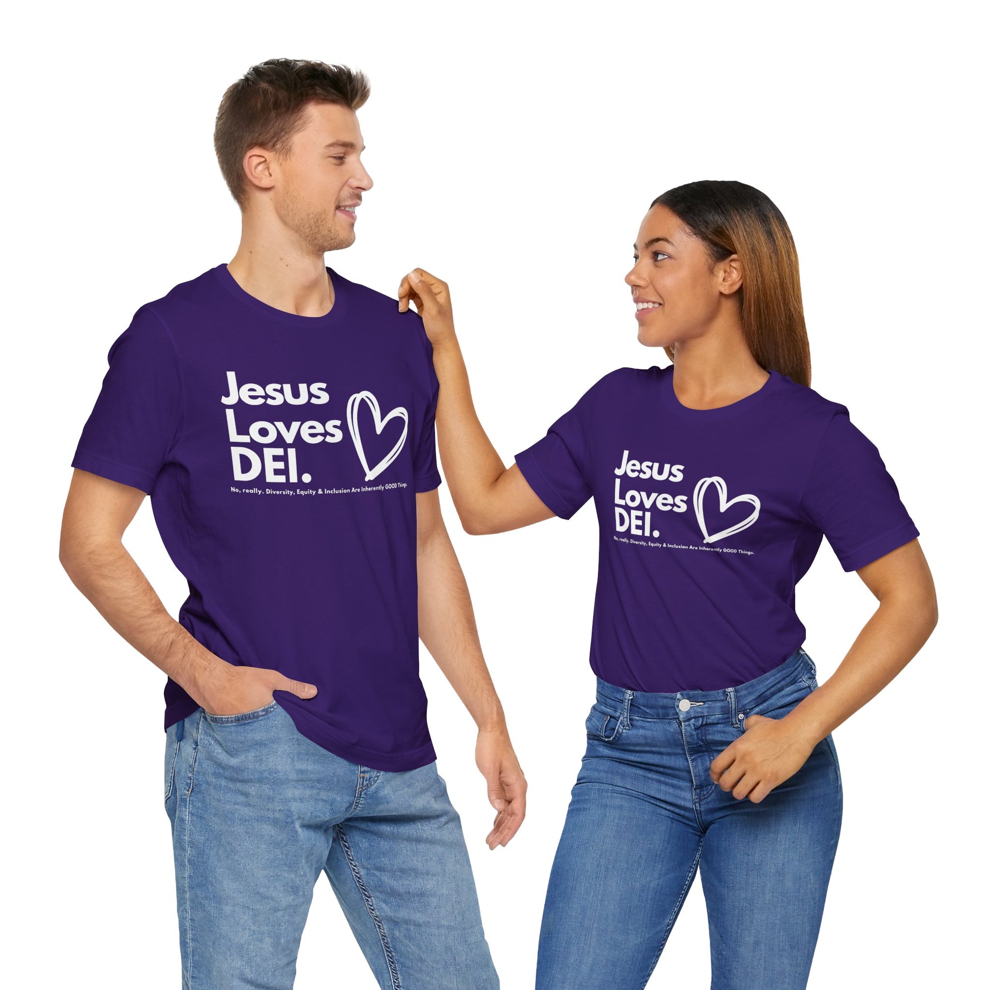 Jesus Loves DEI (Style 1, Heart) Unisex Tee | Progressive Statement T-Shirt for Everyday Wear