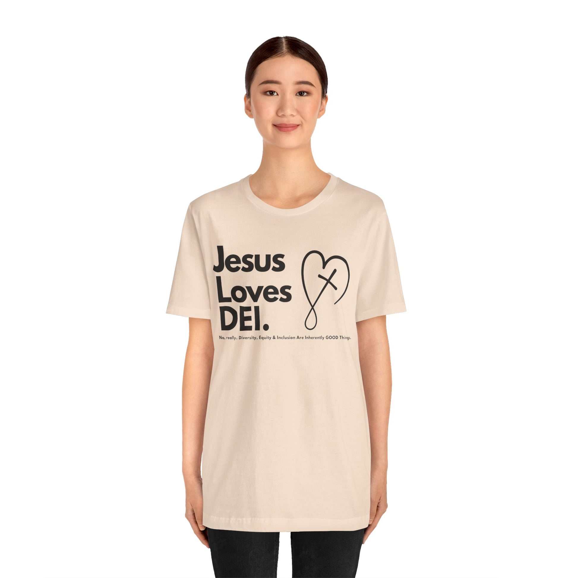 Jesus Loves DEI (Style 2, CrossHeart) Unisex Jersey Tee | Progressive Statement T-Shirt for Everyday Wear
