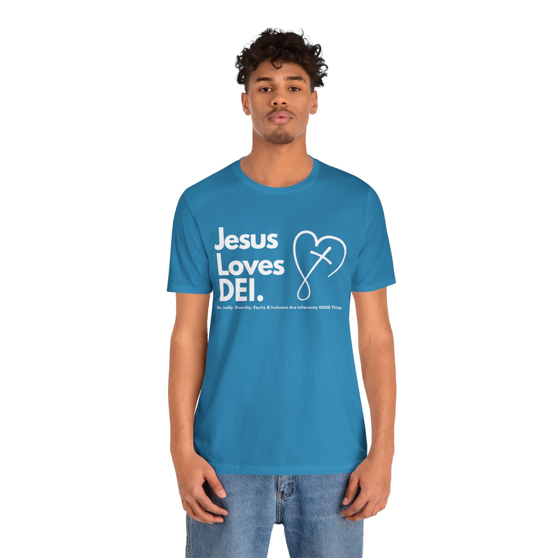 Jesus Loves DEI (Style 2, CrossHeart) Unisex Jersey Tee | Progressive Statement T-Shirt for Everyday Wear
