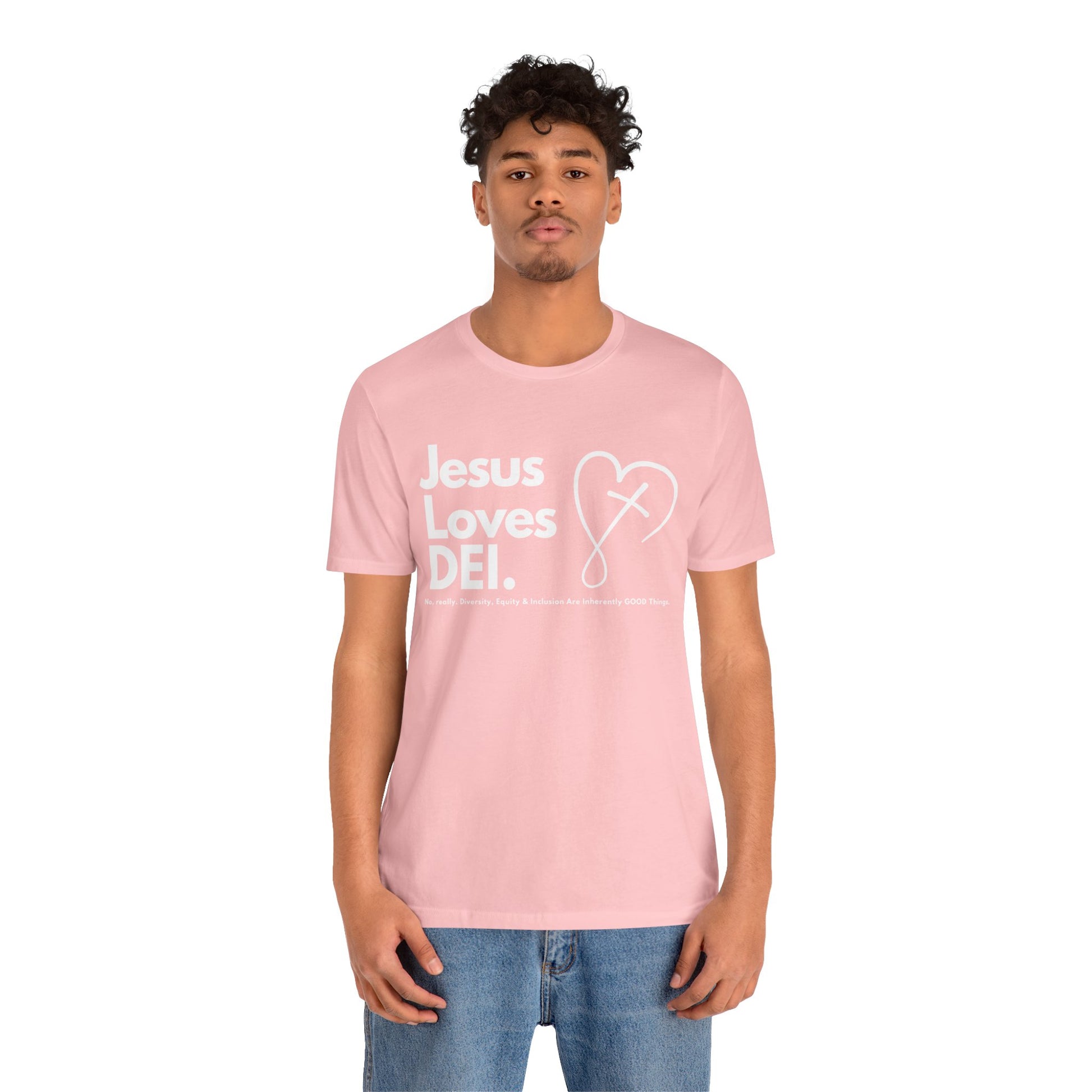 Jesus Loves DEI (Style 2, CrossHeart) Unisex Jersey Tee | Progressive Statement T-Shirt for Everyday Wear