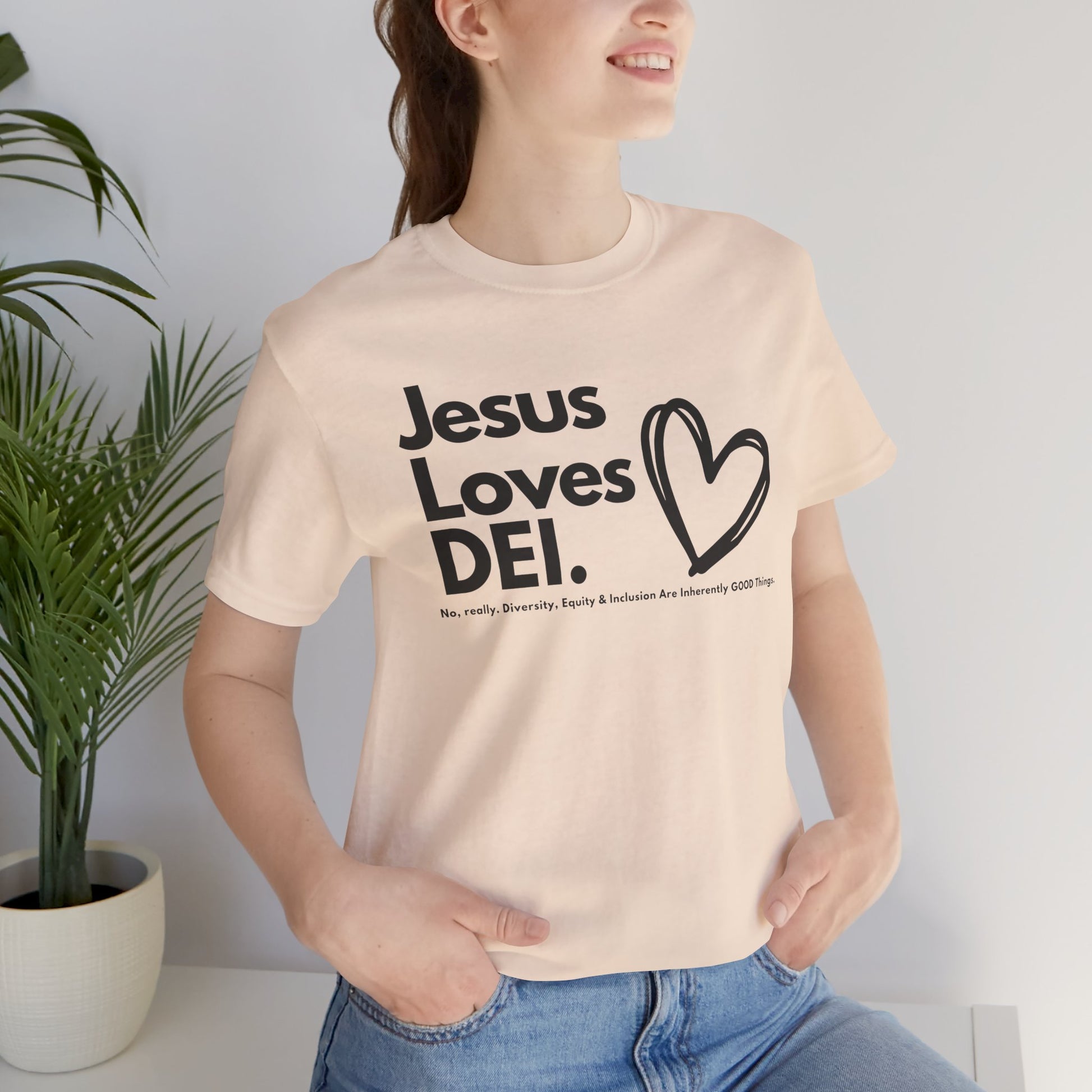 Jesus Loves DEI (Style 1, Heart) Unisex Tee | Progressive Statement T-Shirt for Everyday Wear