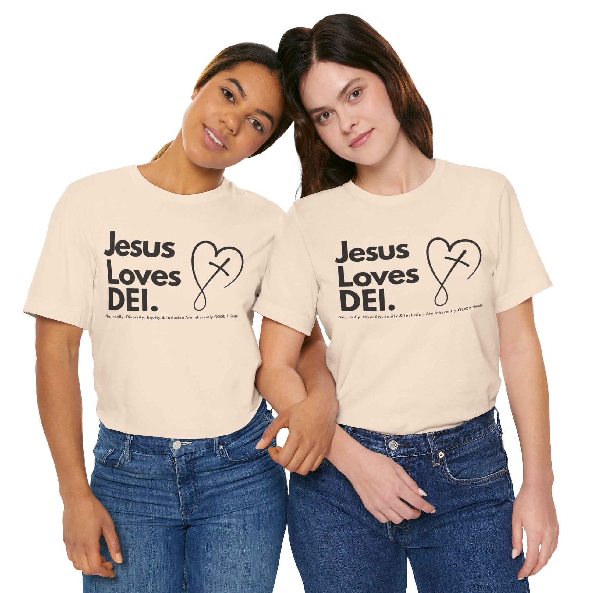 Jesus Loves DEI (Style 2, CrossHeart) Unisex Jersey Tee | Progressive Statement T-Shirt for Everyday Wear
