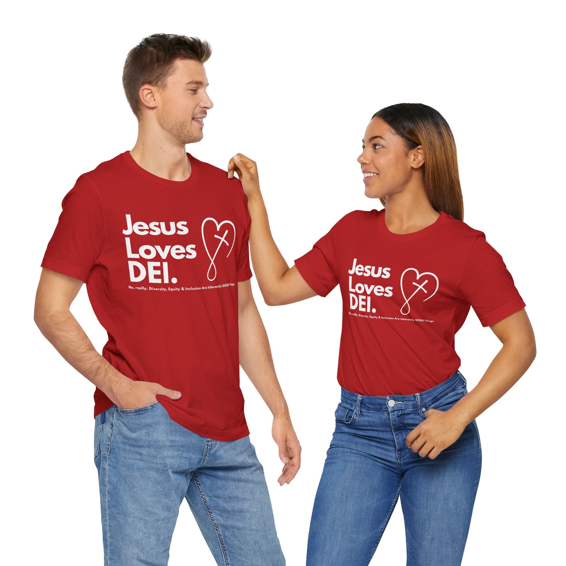 Jesus Loves DEI (Style 2, CrossHeart) Unisex Jersey Tee | Progressive Statement T-Shirt for Everyday Wear