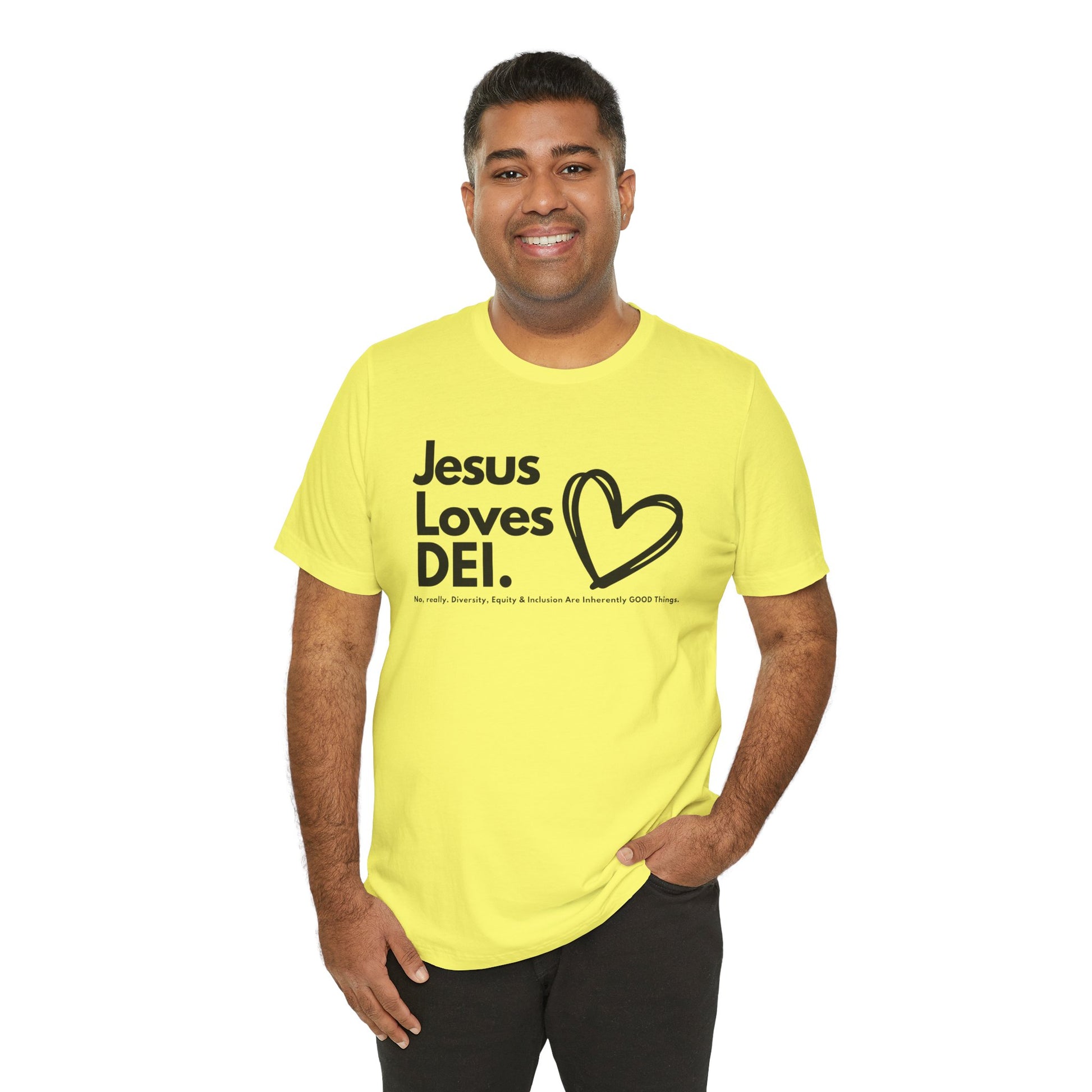 Jesus Loves DEI (Style 1, Heart) Unisex Tee | Progressive Statement T-Shirt for Everyday Wear