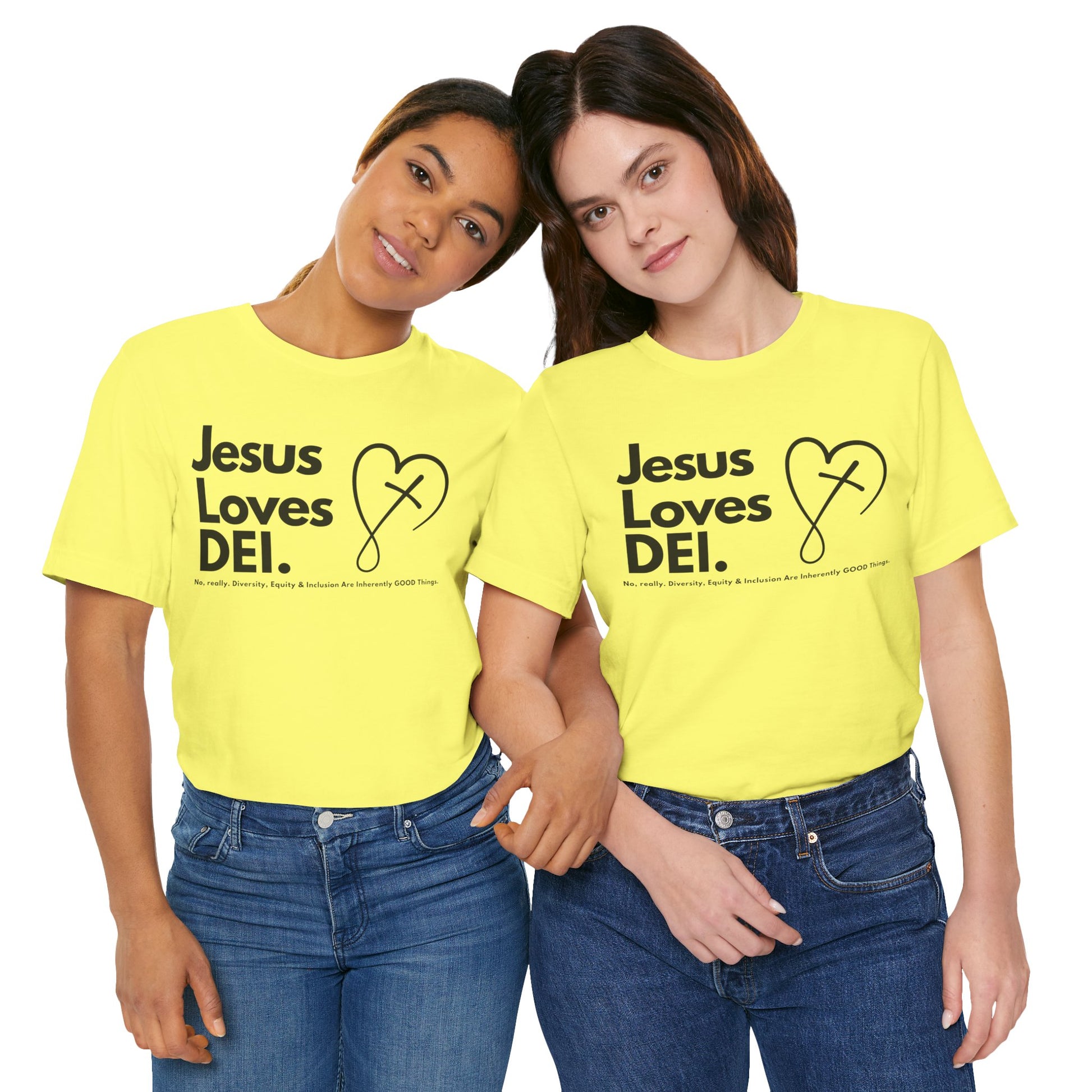 Jesus Loves DEI (Style 2, CrossHeart) Unisex Jersey Tee | Progressive Statement T-Shirt for Everyday Wear