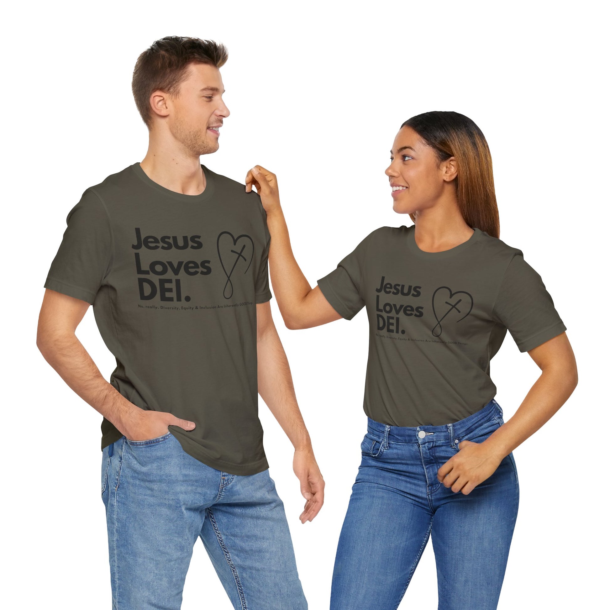 Jesus Loves DEI (Style 2, CrossHeart) Unisex Jersey Tee | Progressive Statement T-Shirt for Everyday Wear