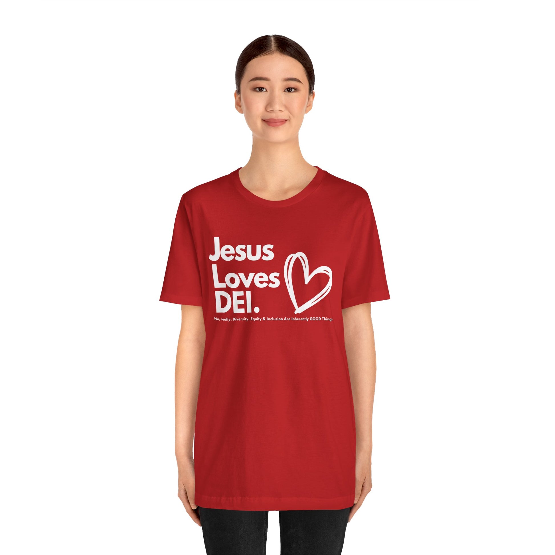 Jesus Loves DEI (Style 1, Heart) Unisex Tee | Progressive Statement T-Shirt for Everyday Wear