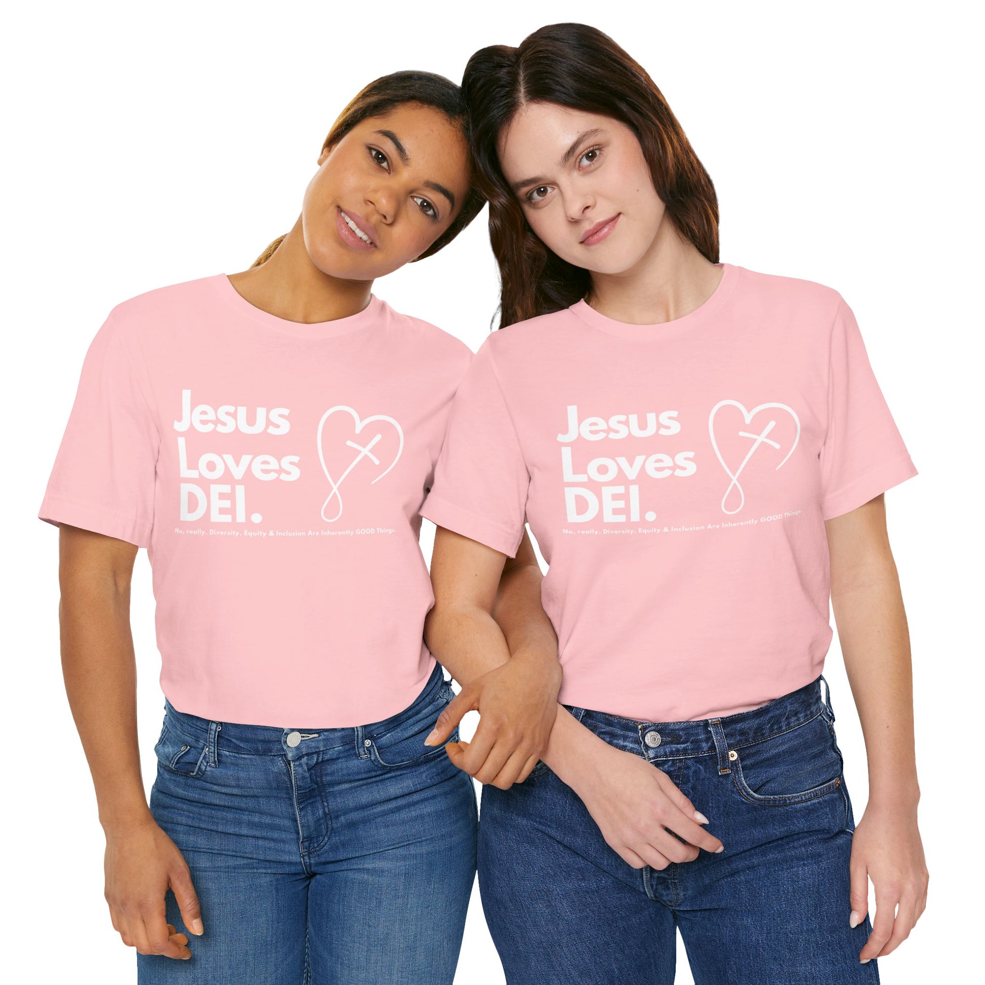 Jesus Loves DEI (Style 2, CrossHeart) Unisex Jersey Tee | Progressive Statement T-Shirt for Everyday Wear