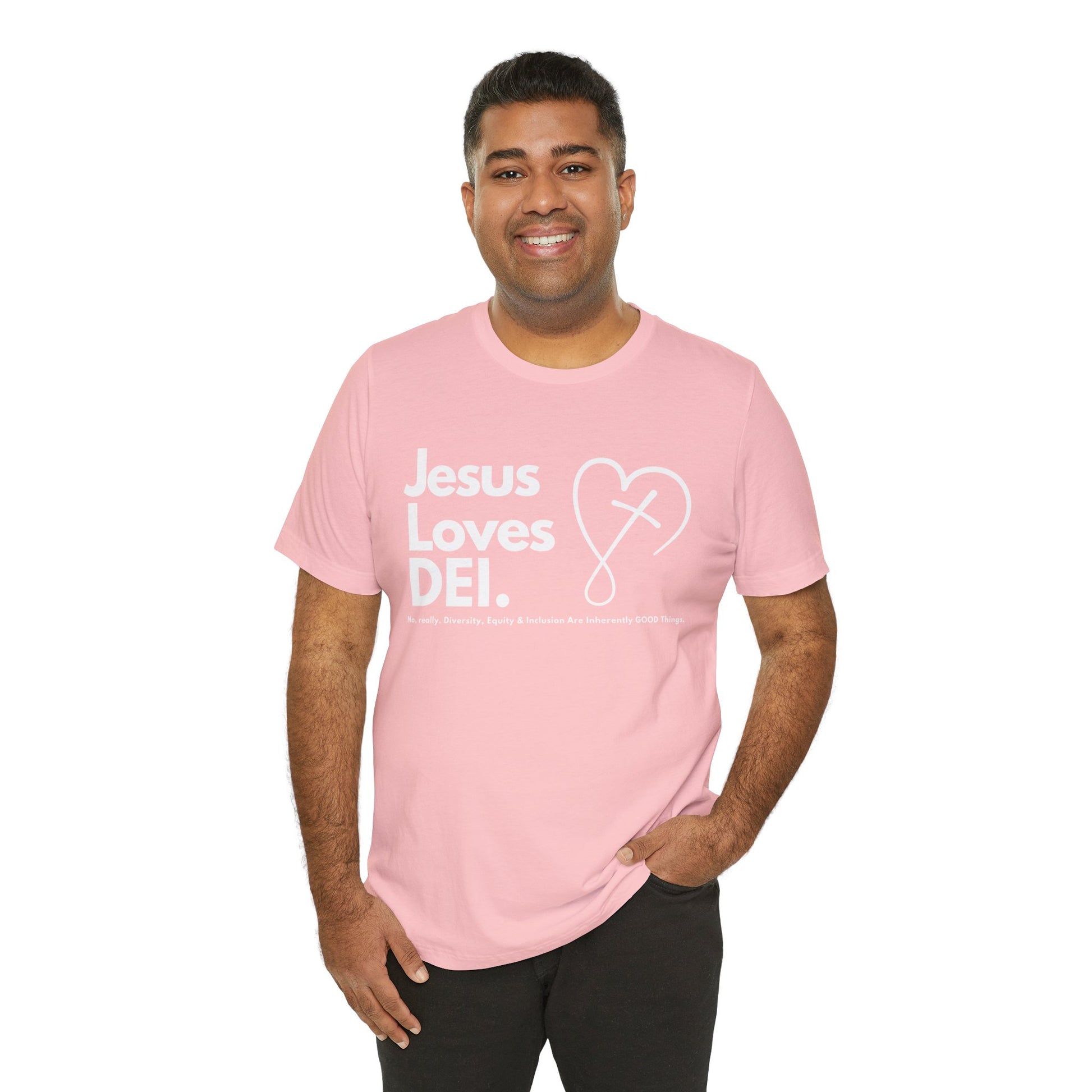Jesus Loves DEI (Style 2, CrossHeart) Unisex Jersey Tee | Progressive Statement T-Shirt for Everyday Wear