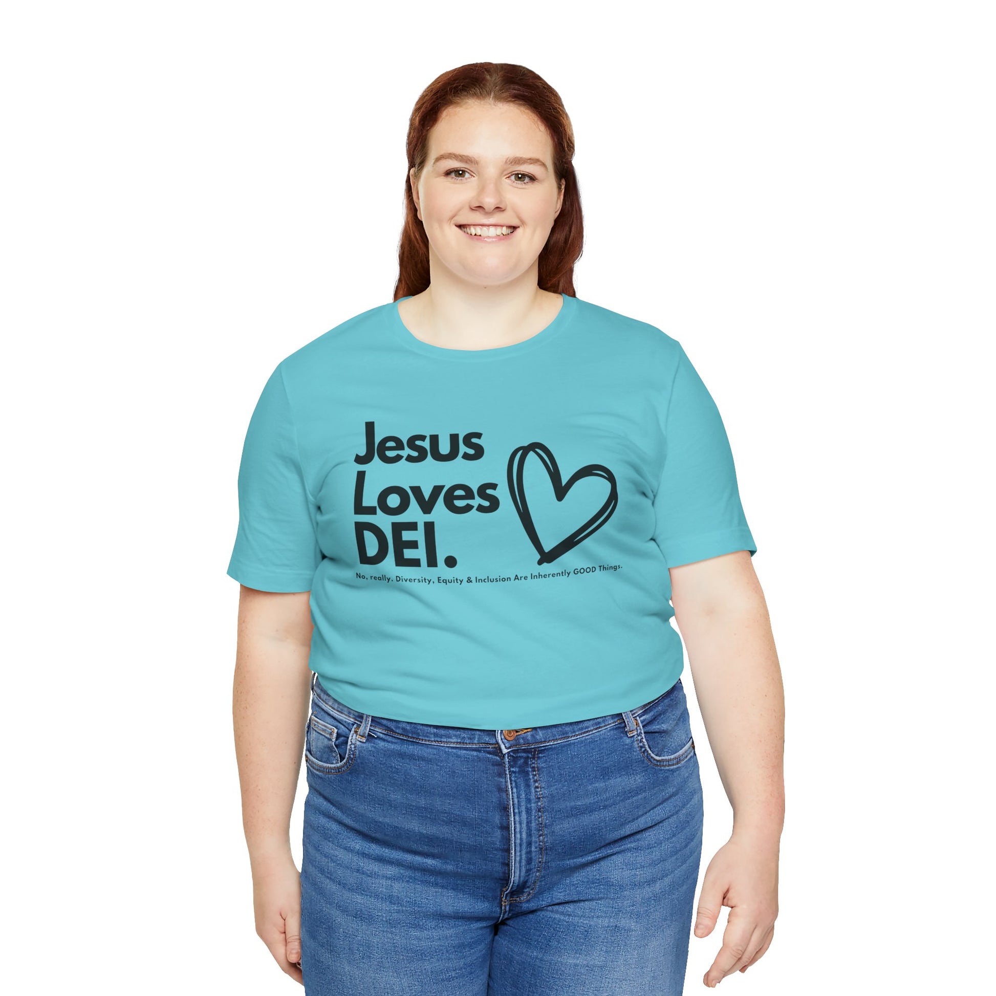 Jesus Loves DEI (Style 1, Heart) Unisex Tee | Progressive Statement T-Shirt for Everyday Wear