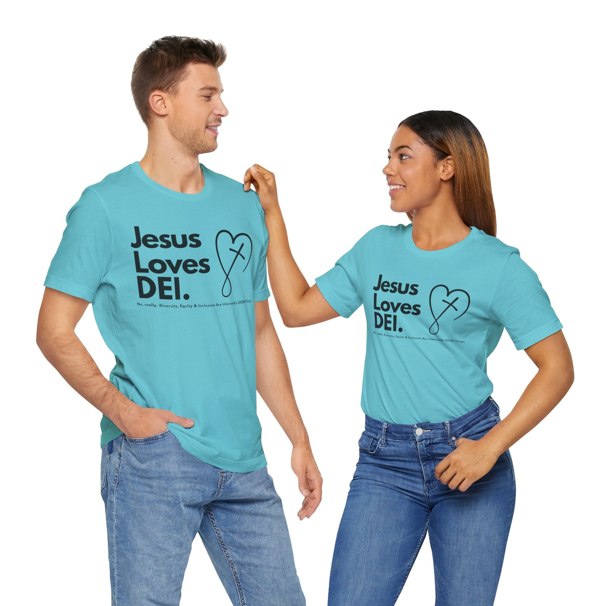 Jesus Loves DEI (Style 2, CrossHeart) Unisex Jersey Tee | Progressive Statement T-Shirt for Everyday Wear