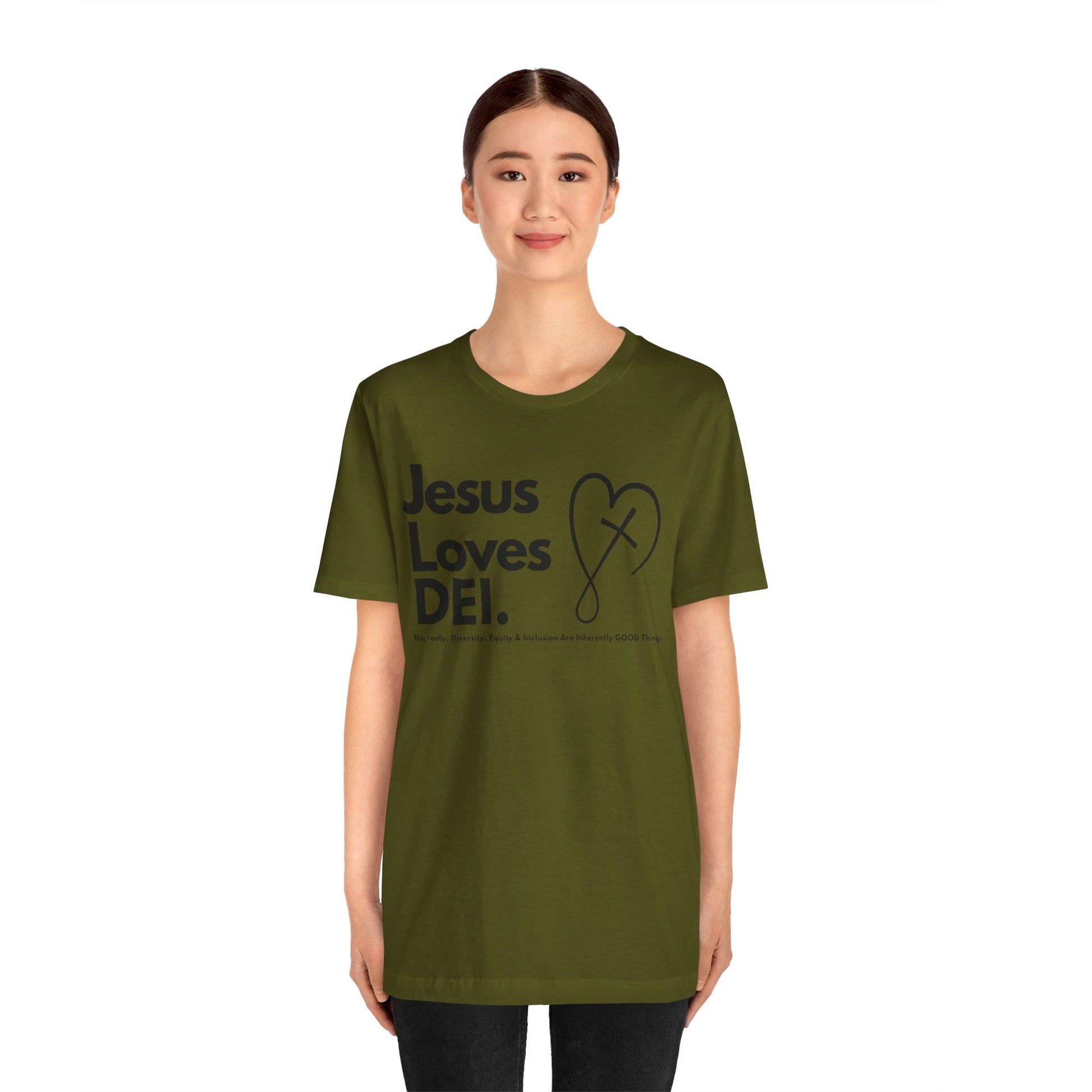 Jesus Loves DEI (Style 2, CrossHeart) Unisex Jersey Tee | Progressive Statement T-Shirt for Everyday Wear