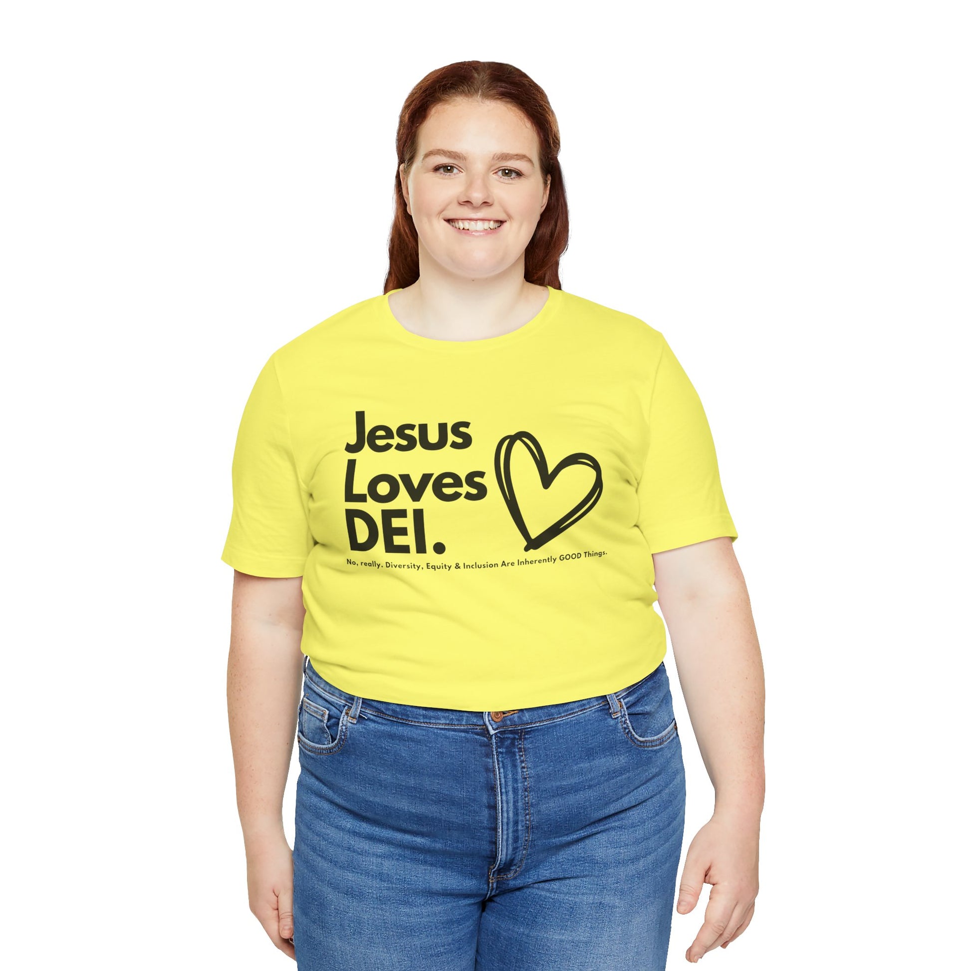 Jesus Loves DEI (Style 1, Heart) Unisex Tee | Progressive Statement T-Shirt for Everyday Wear