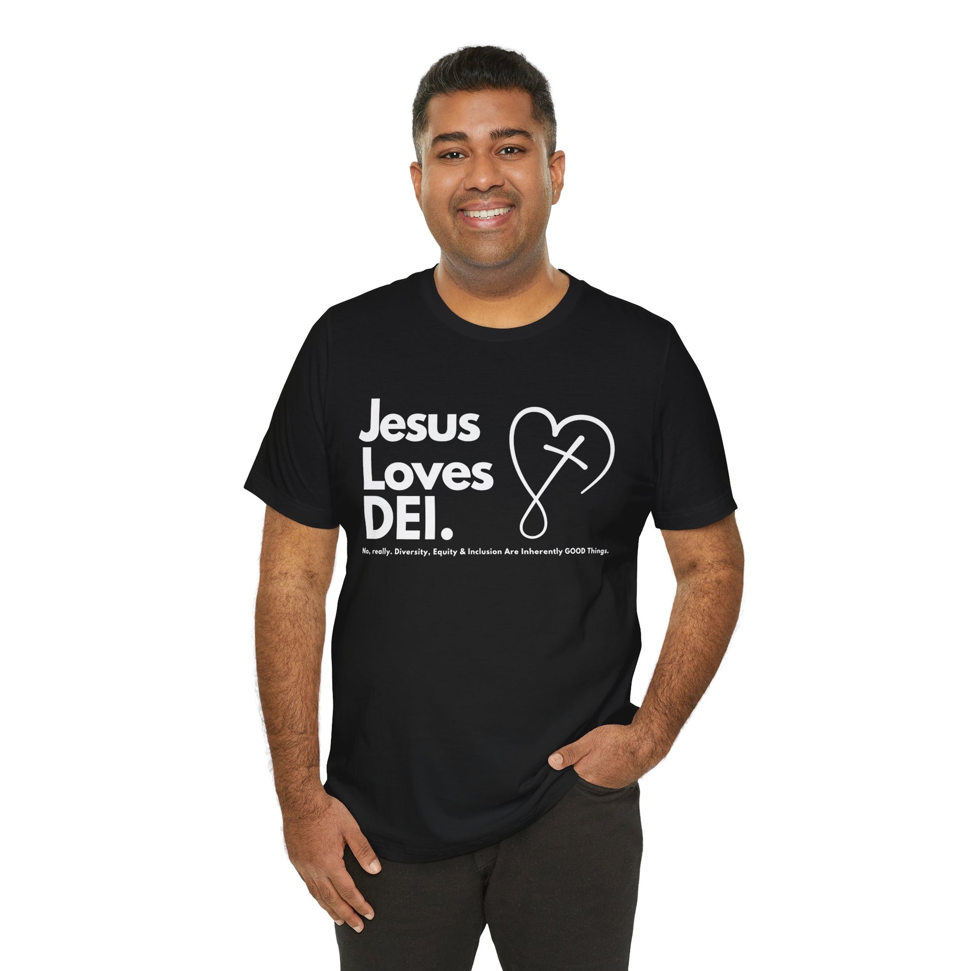 Jesus Loves DEI (Style 2, CrossHeart) Unisex Jersey Tee | Progressive Statement T-Shirt for Everyday Wear