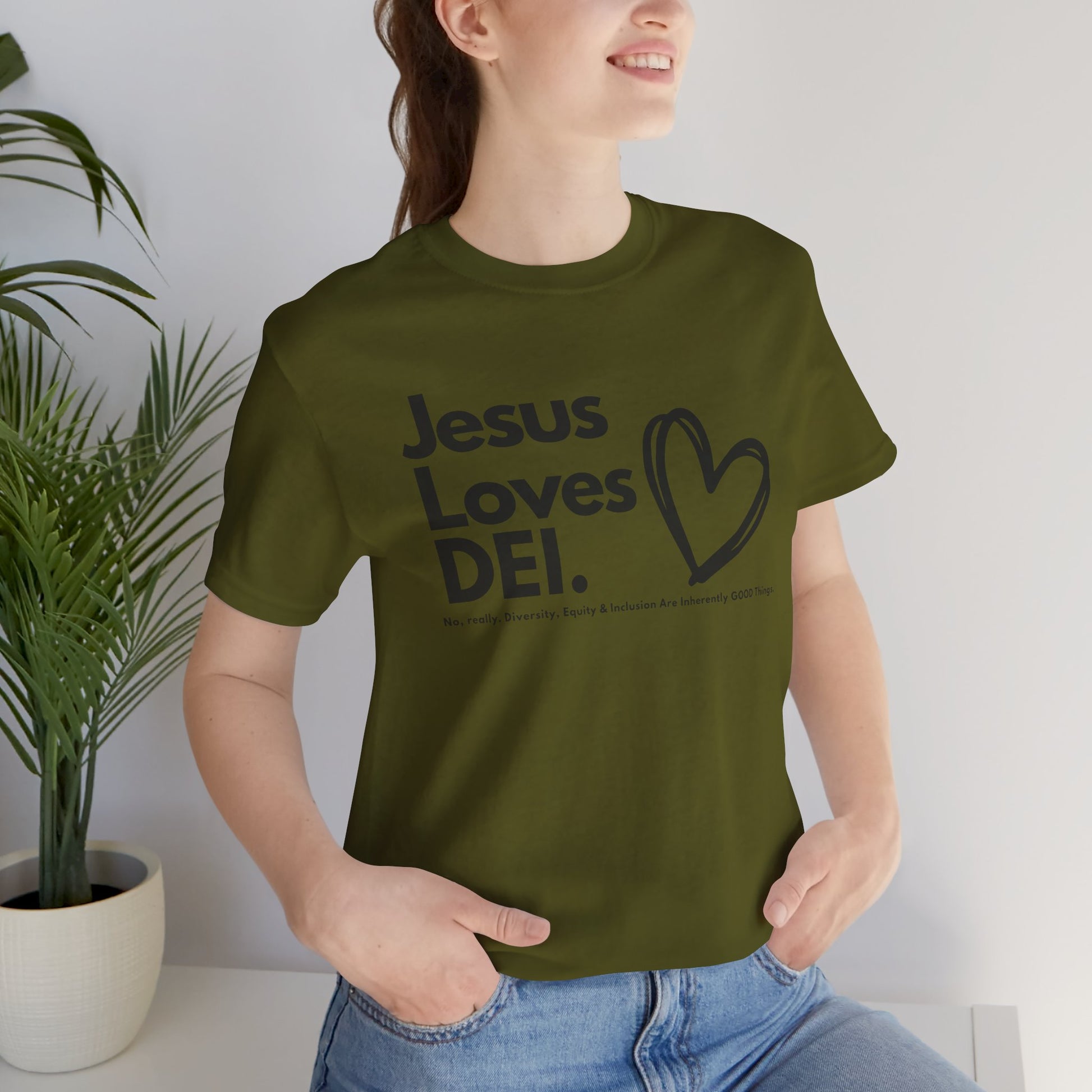 Jesus Loves DEI (Style 1, Heart) Unisex Tee | Progressive Statement T-Shirt for Everyday Wear