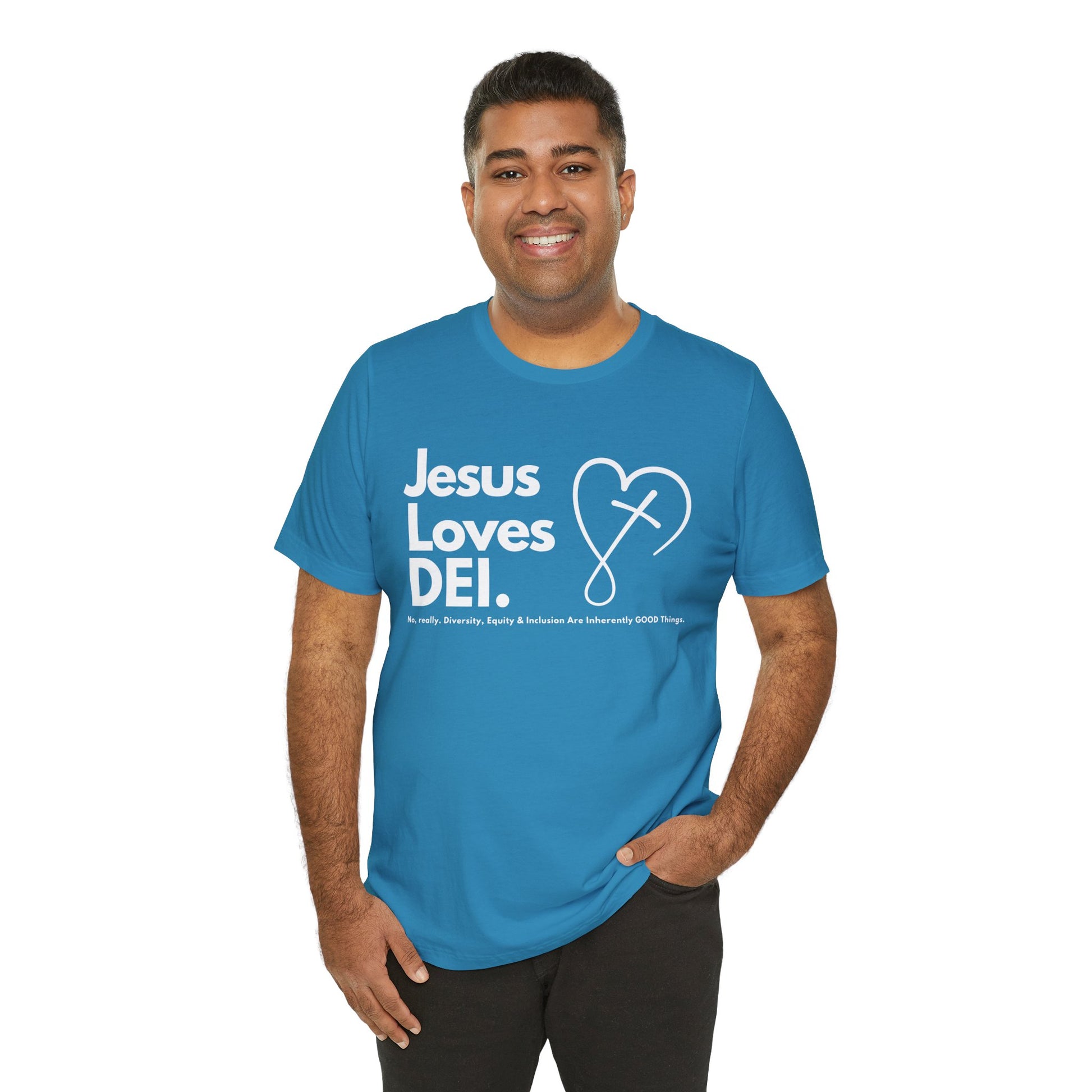 Jesus Loves DEI (Style 2, CrossHeart) Unisex Jersey Tee | Progressive Statement T-Shirt for Everyday Wear