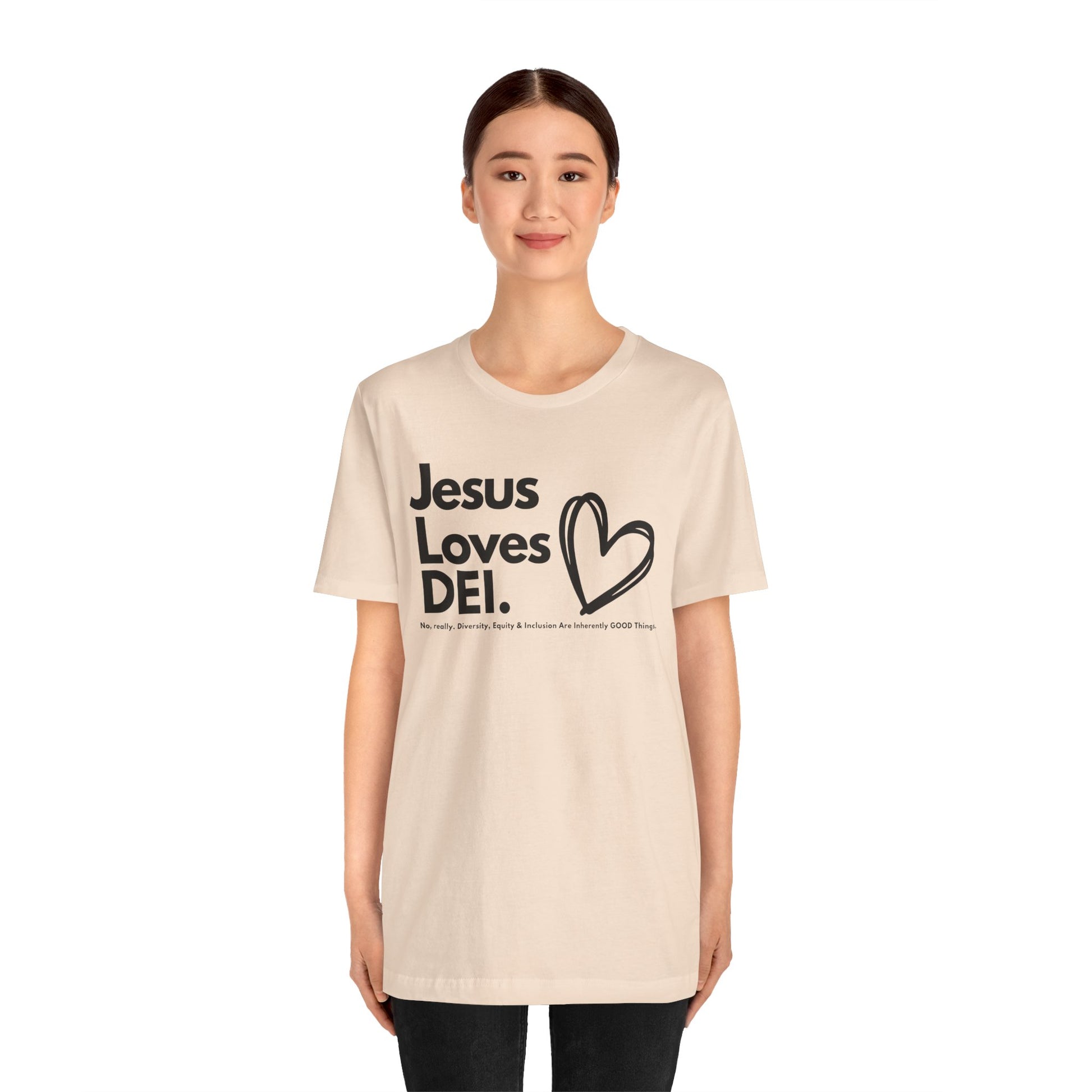 Jesus Loves DEI (Style 1, Heart) Unisex Tee | Progressive Statement T-Shirt for Everyday Wear