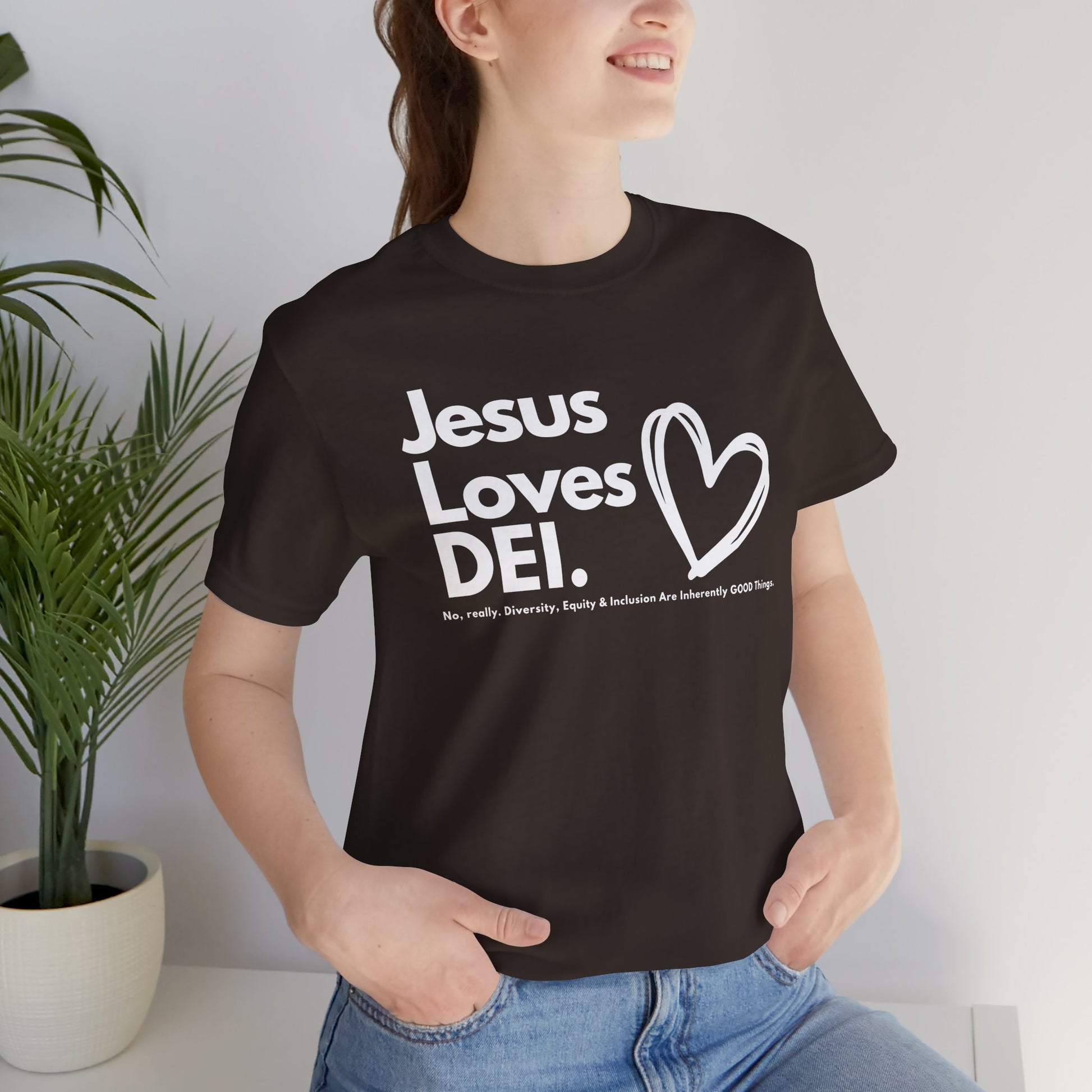 Jesus Loves DEI (Style 1, Heart) Unisex Tee | Progressive Statement T-Shirt for Everyday Wear