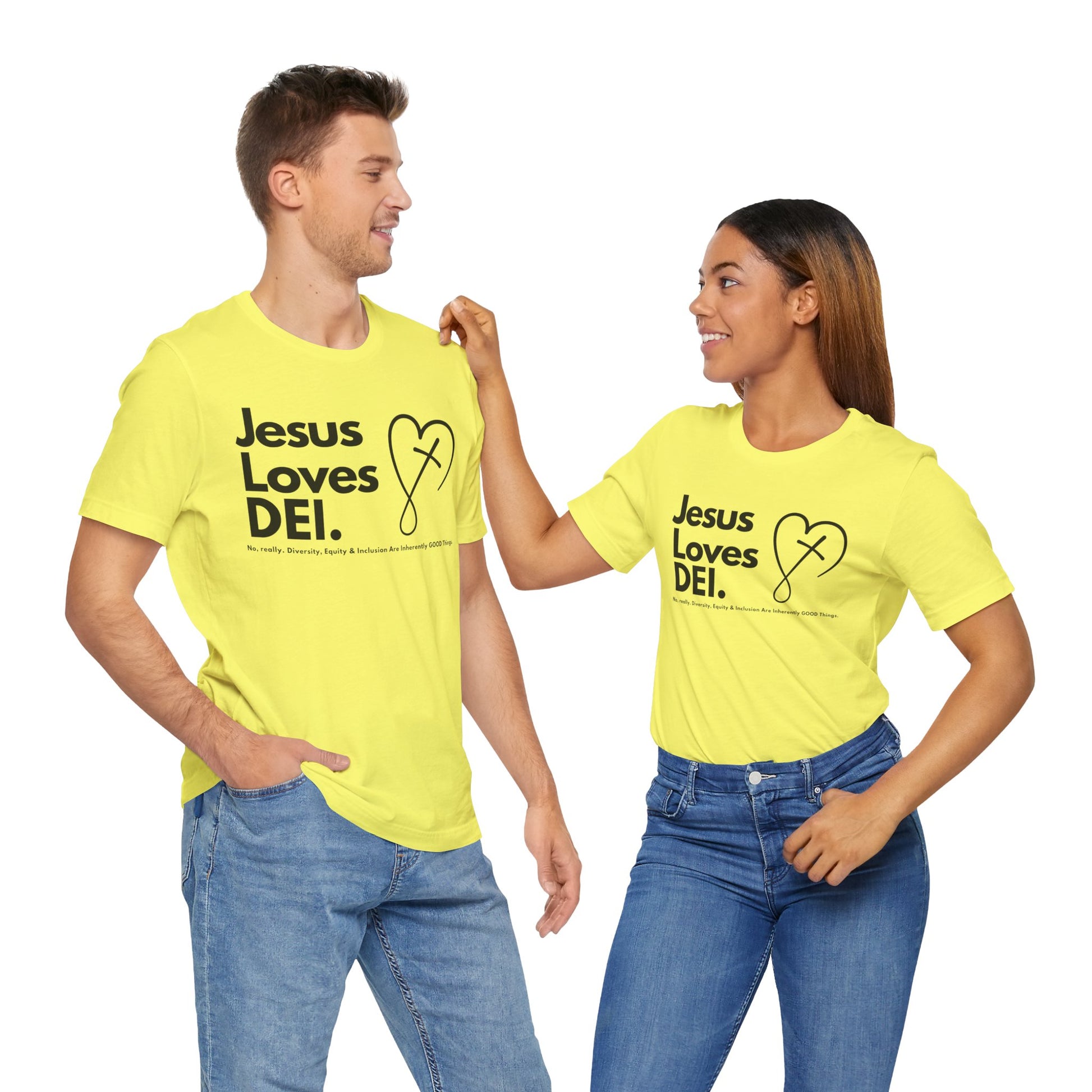 Jesus Loves DEI (Style 2, CrossHeart) Unisex Jersey Tee | Progressive Statement T-Shirt for Everyday Wear