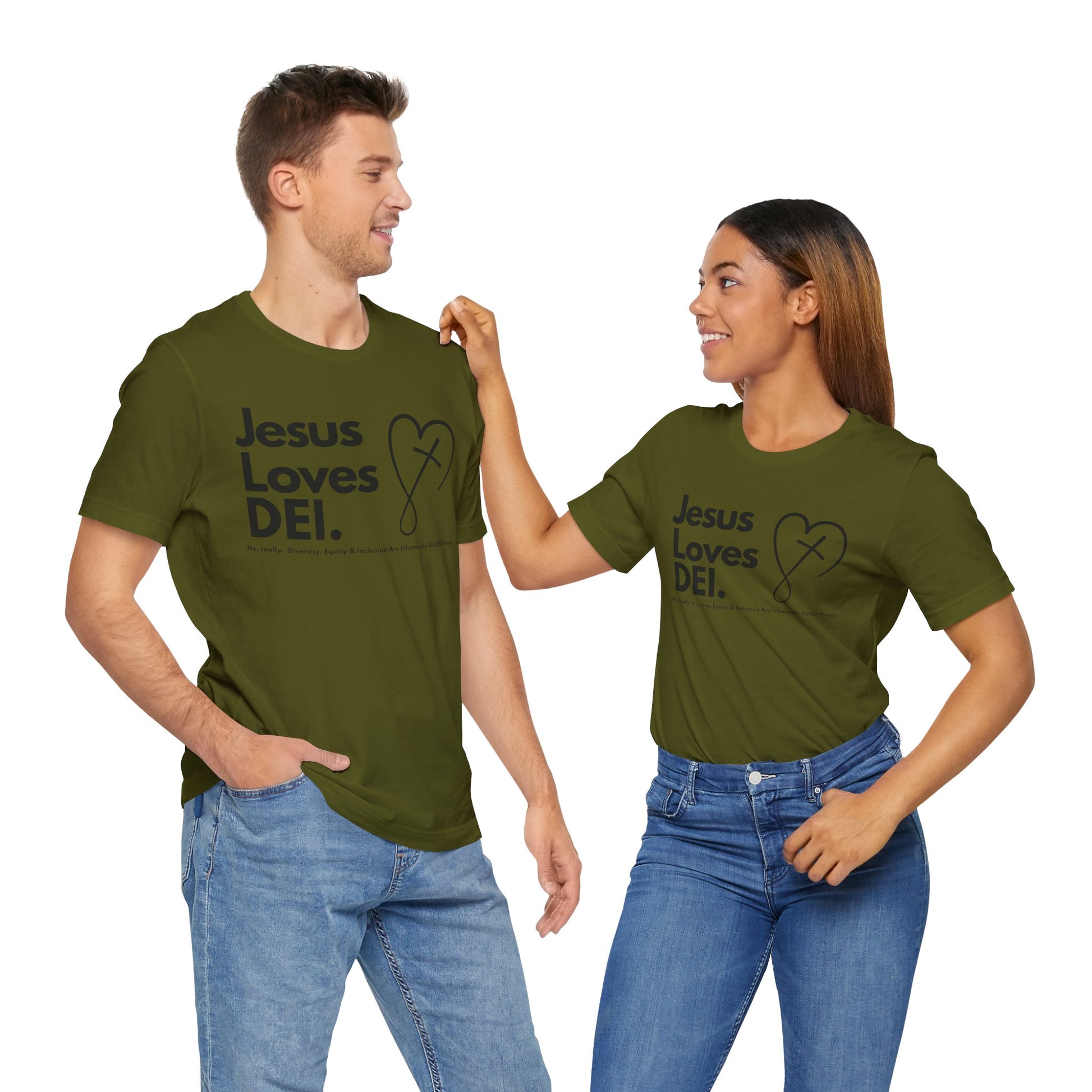 Jesus Loves DEI (Style 2, CrossHeart) Unisex Jersey Tee | Progressive Statement T-Shirt for Everyday Wear