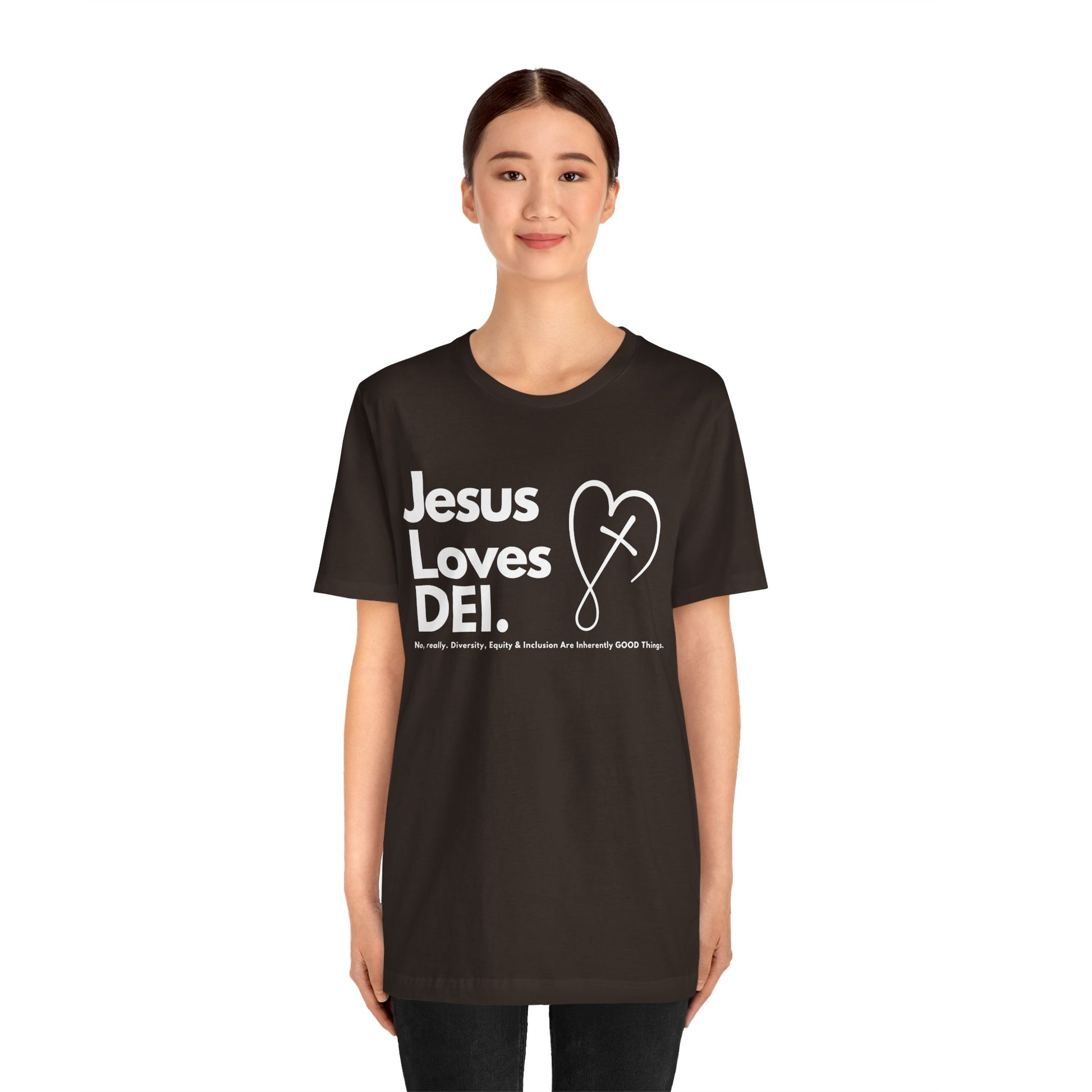 Jesus Loves DEI (Style 2, CrossHeart) Unisex Jersey Tee | Progressive Statement T-Shirt for Everyday Wear