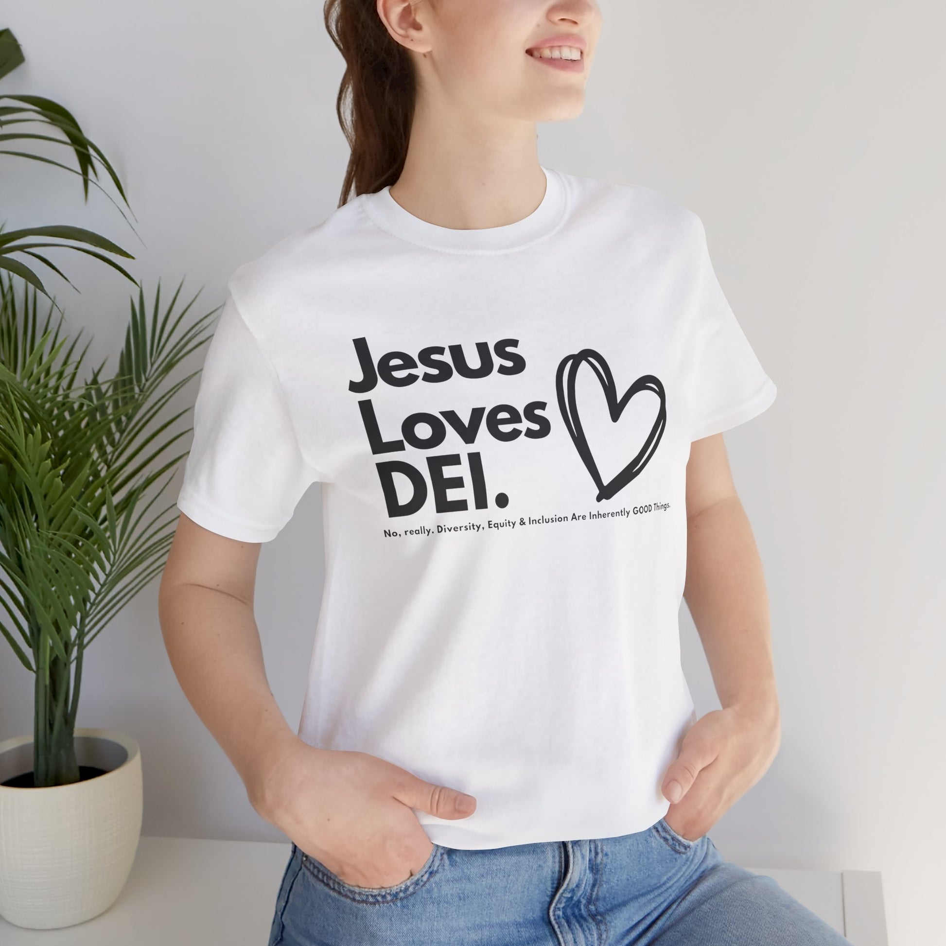 Jesus Loves DEI (Style 1, Heart) Unisex Tee | Progressive Statement T-Shirt for Everyday Wear