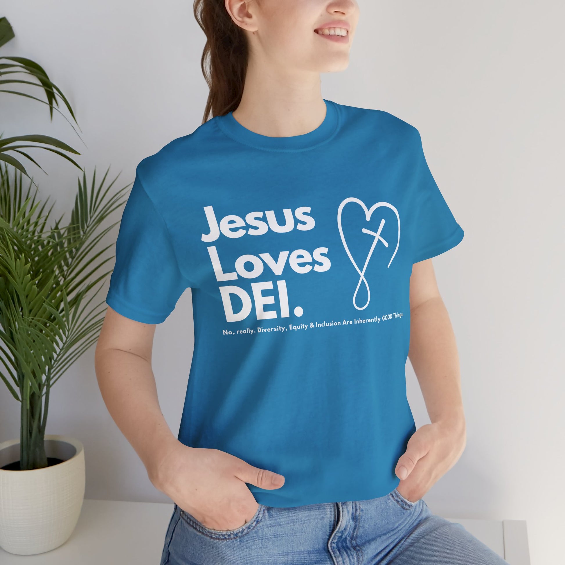 Jesus Loves DEI (Style 2, CrossHeart) Unisex Jersey Tee | Progressive Statement T-Shirt for Everyday Wear