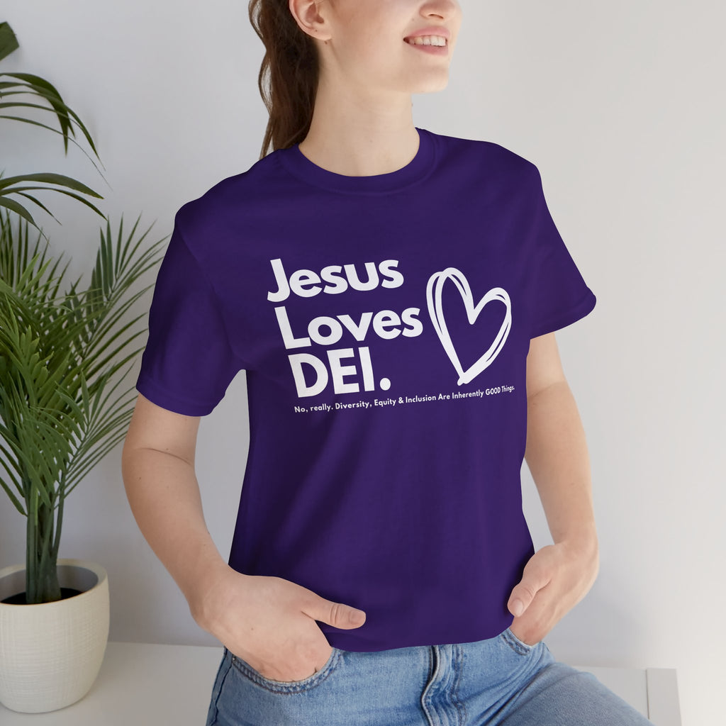 Jesus Loves DEI (Style 1, Heart) Unisex Tee | Progressive Statement T-Shirt for Everyday Wear