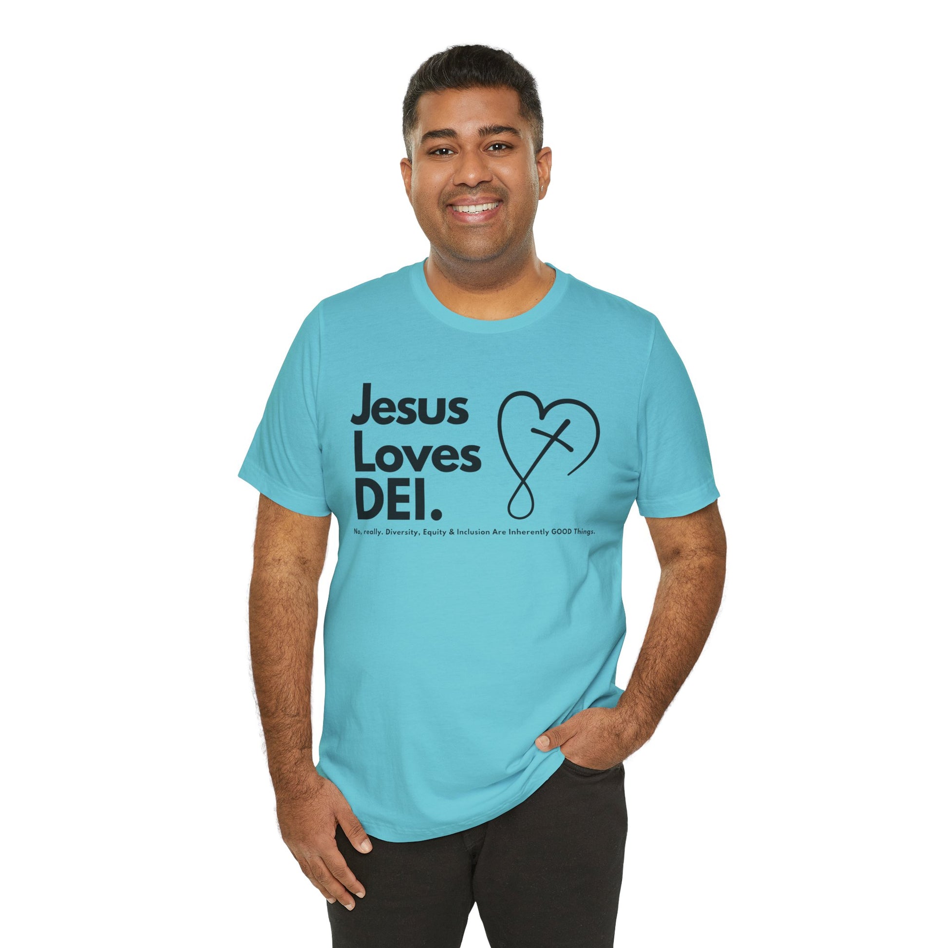 Jesus Loves DEI (Style 2, CrossHeart) Unisex Jersey Tee | Progressive Statement T-Shirt for Everyday Wear