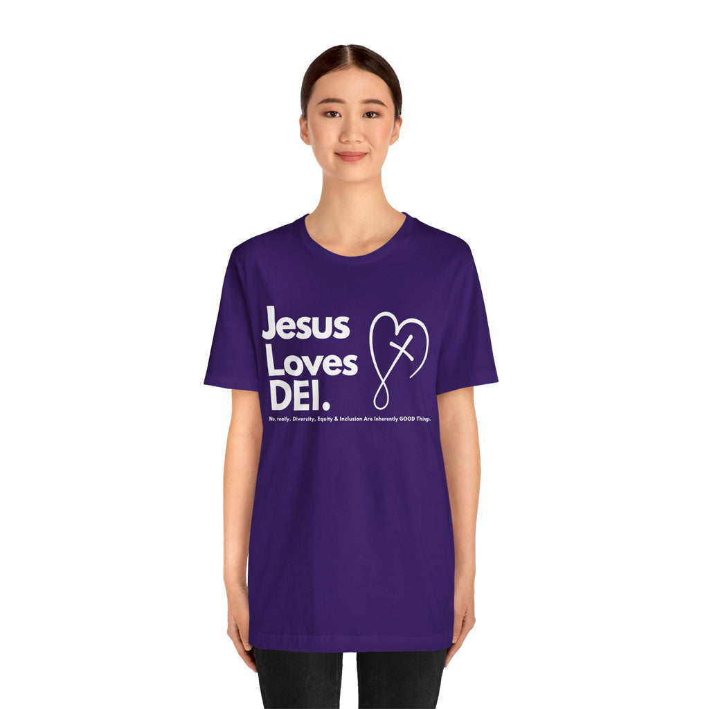 Jesus Loves DEI (Style 2, CrossHeart) Unisex Jersey Tee | Progressive Statement T-Shirt for Everyday Wear