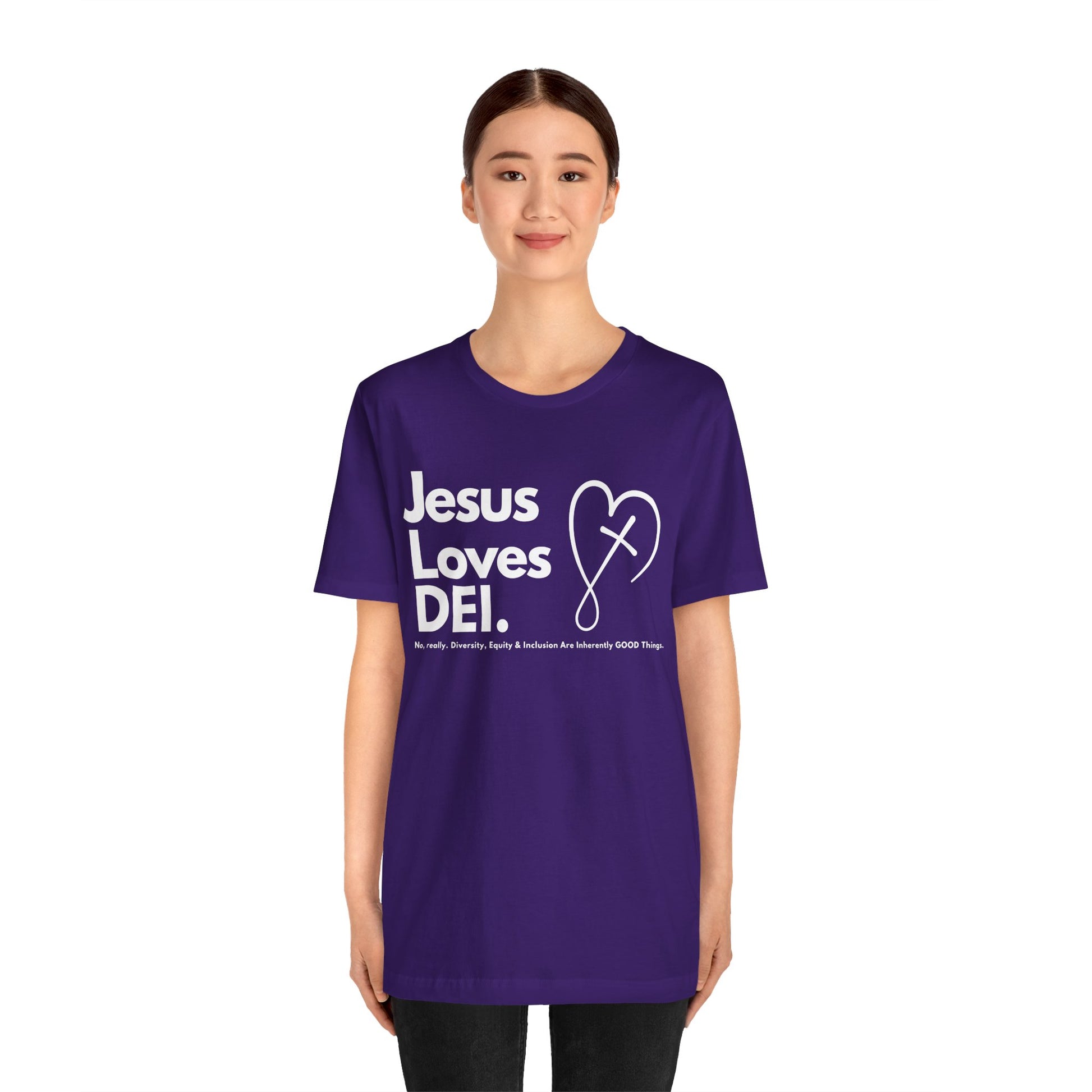 Jesus Loves DEI (Style 2, CrossHeart) Unisex Jersey Tee | Progressive Statement T-Shirt for Everyday Wear