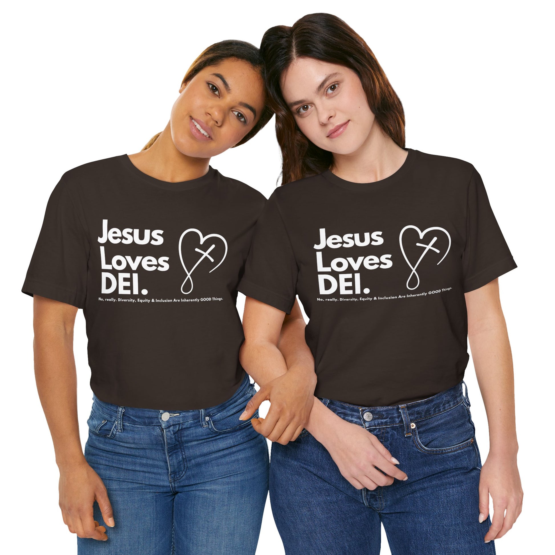 Jesus Loves DEI (Style 2, CrossHeart) Unisex Jersey Tee | Progressive Statement T-Shirt for Everyday Wear