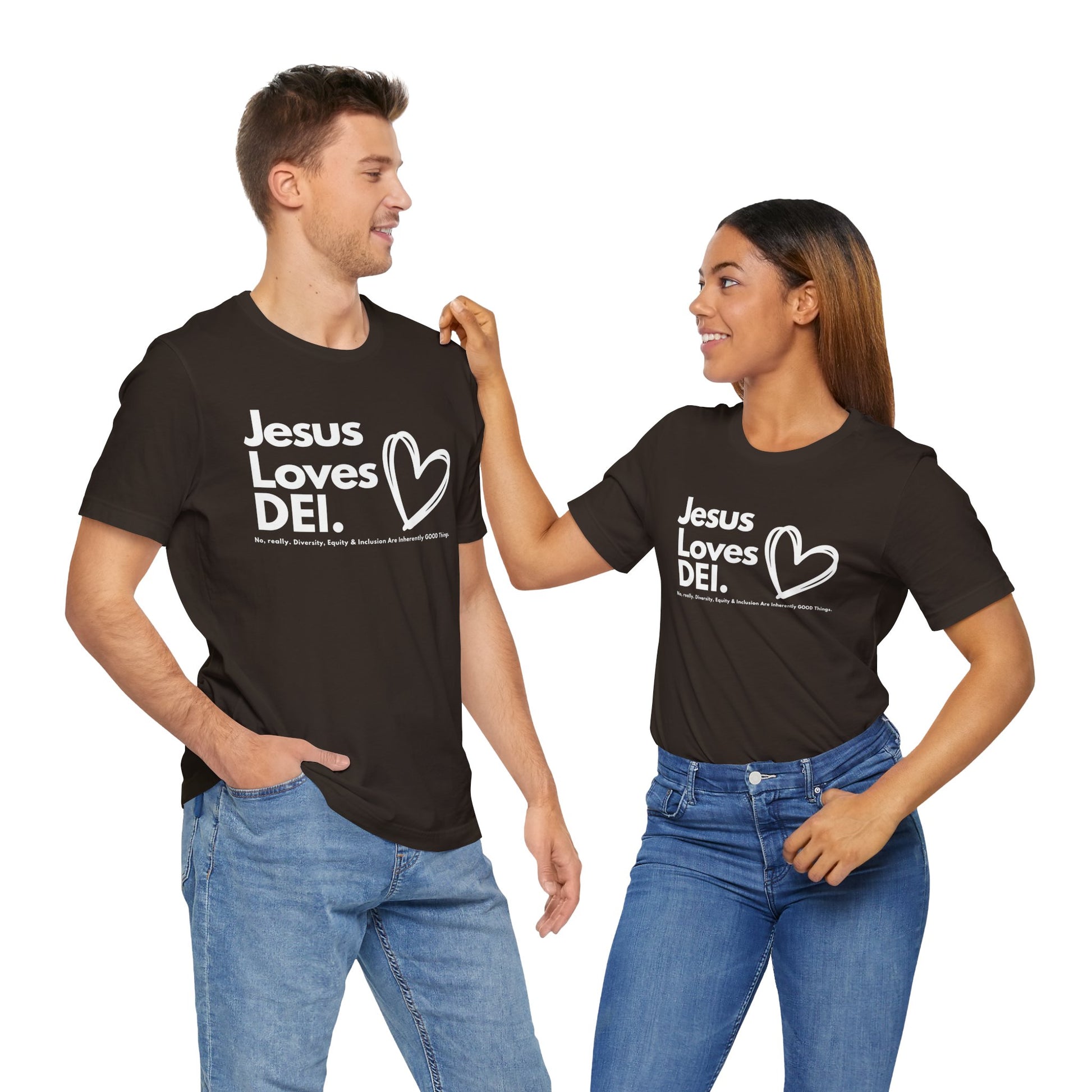 Jesus Loves DEI (Style 1, Heart) Unisex Tee | Progressive Statement T-Shirt for Everyday Wear