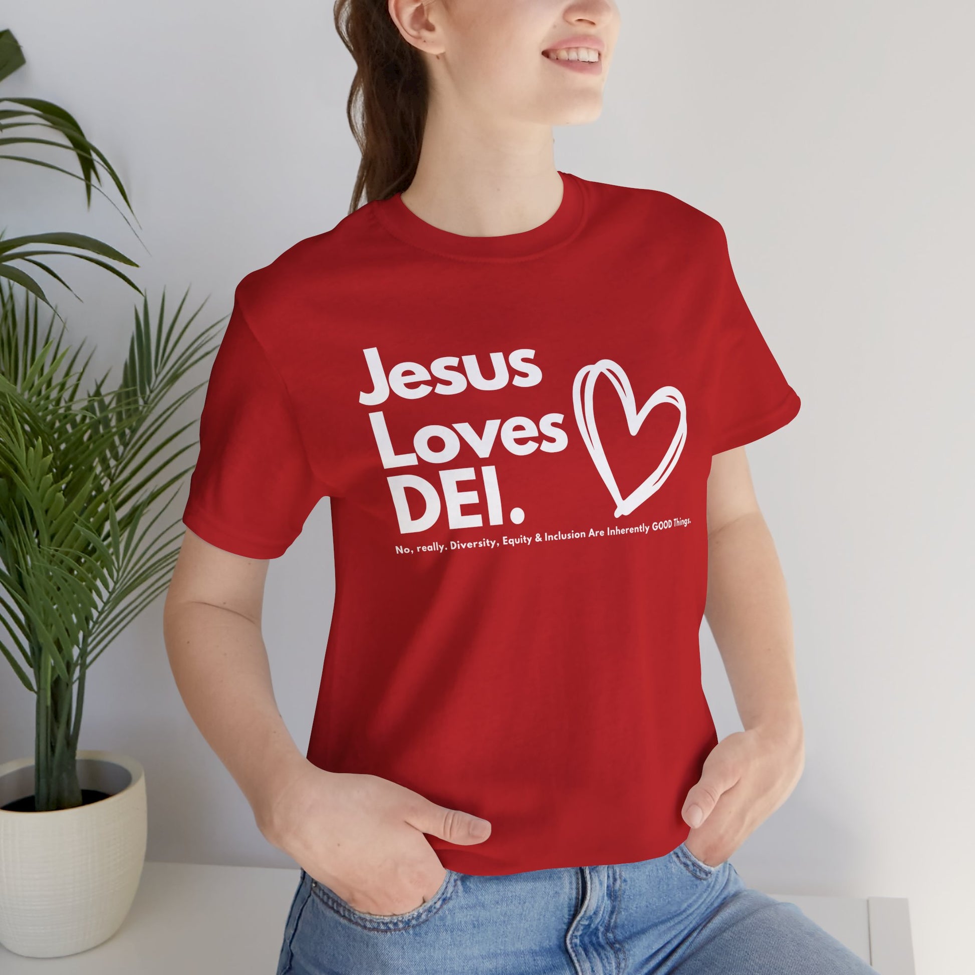 Jesus Loves DEI (Style 1, Heart) Unisex Tee | Progressive Statement T-Shirt for Everyday Wear