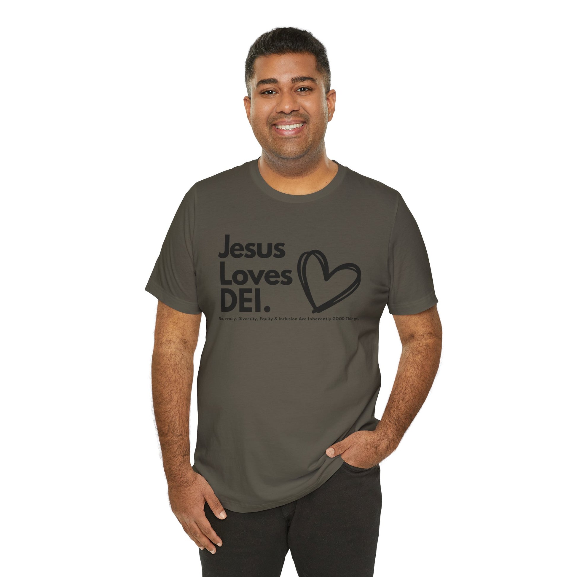 Jesus Loves DEI Tee (Style 1, Heart) Unisex Jersey Tee | Progressive Statement T-Shirt for Everyday Wear