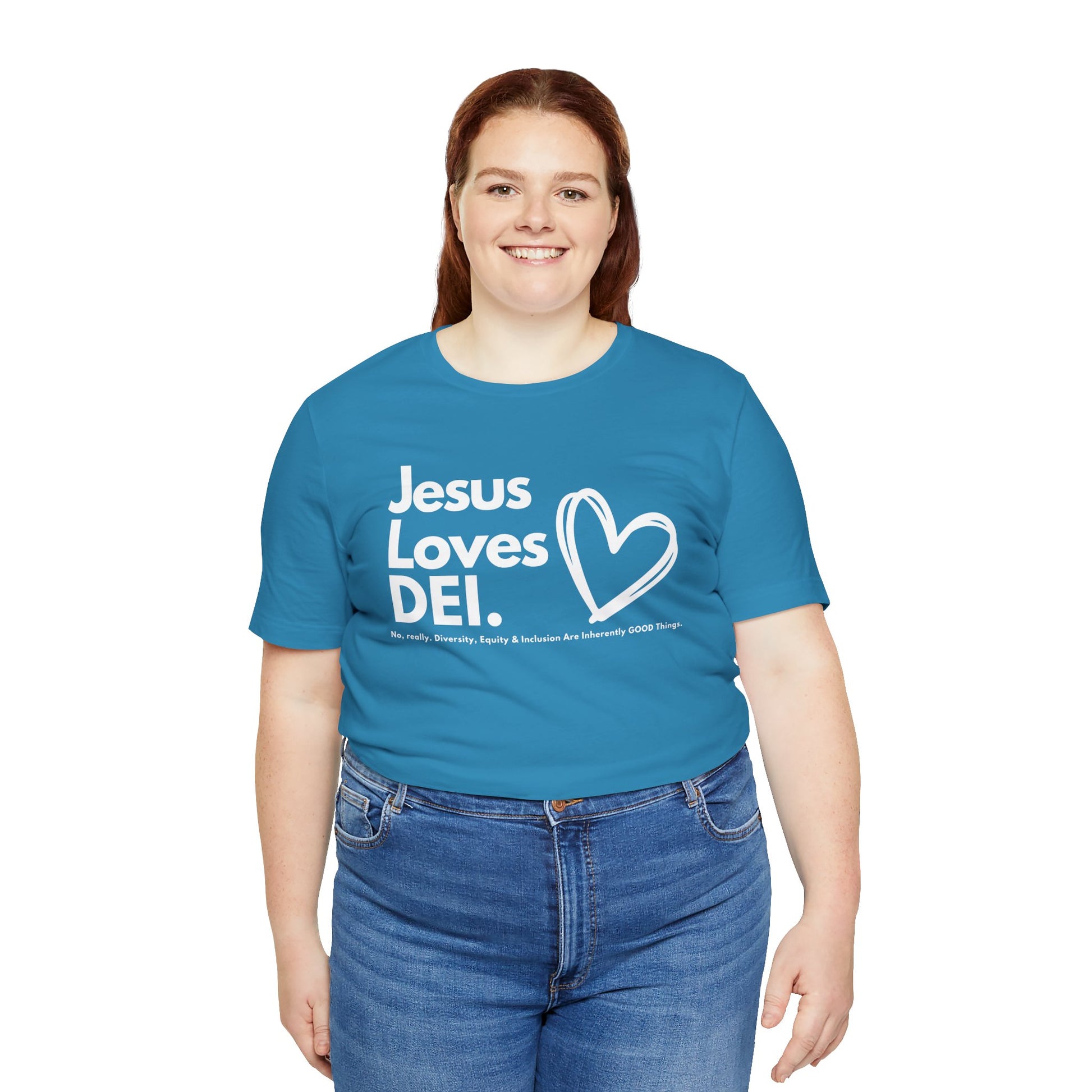 Jesus Loves DEI (Style 1, Heart) Unisex Tee | Progressive Statement T-Shirt for Everyday Wear