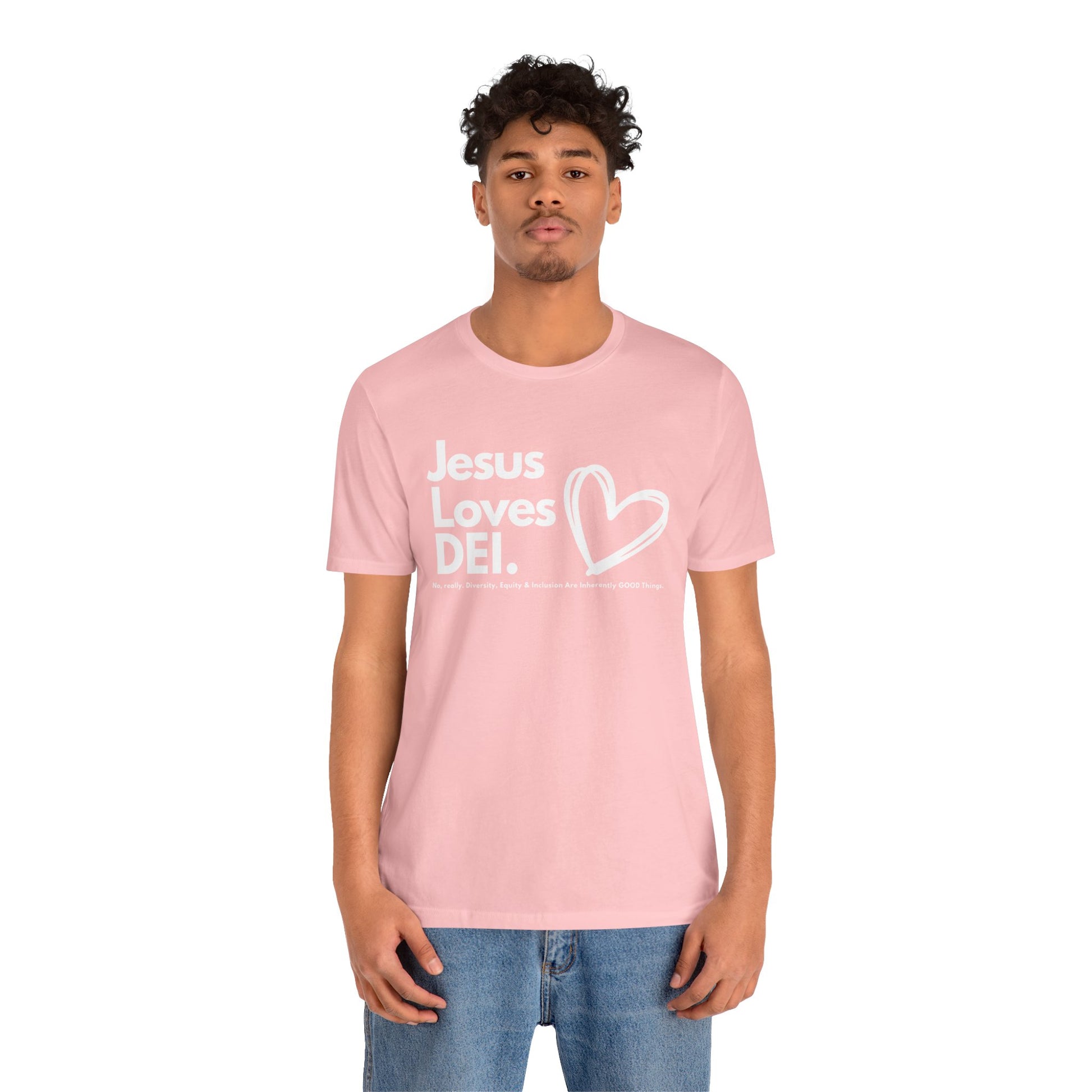 Jesus Loves DEI (Style 1, Heart) Unisex Tee | Progressive Statement T-Shirt for Everyday Wear