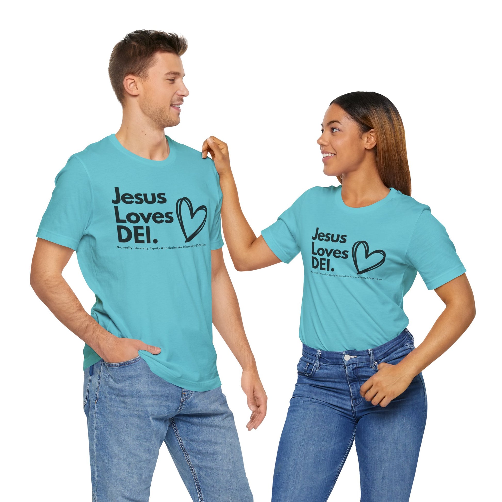 Jesus Loves DEI (Style 1, Heart) Unisex Tee | Progressive Statement T-Shirt for Everyday Wear