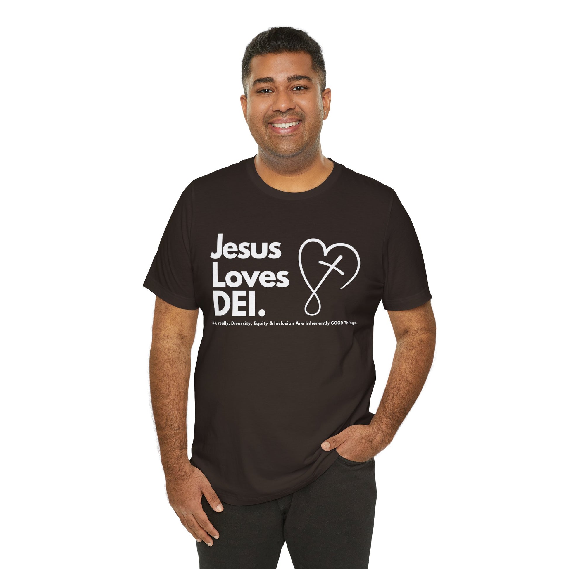 Jesus Loves DEI (Style 2, CrossHeart) Unisex Jersey Tee | Progressive Statement T-Shirt for Everyday Wear