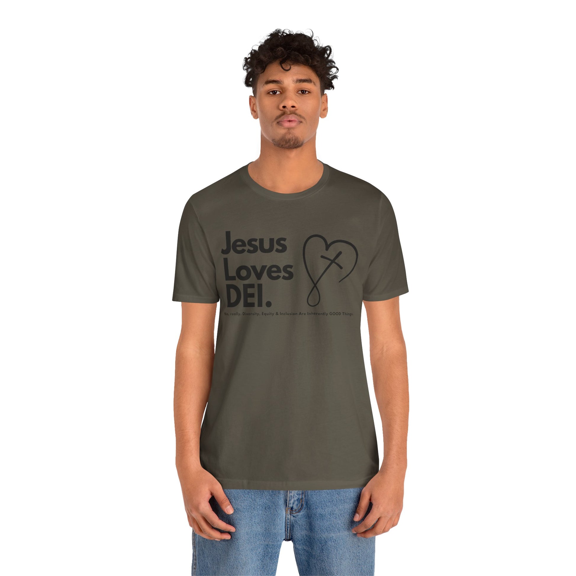 Jesus Loves DEI (Style 2, CrossHeart) Unisex Jersey Tee | Progressive Statement T-Shirt for Everyday Wear