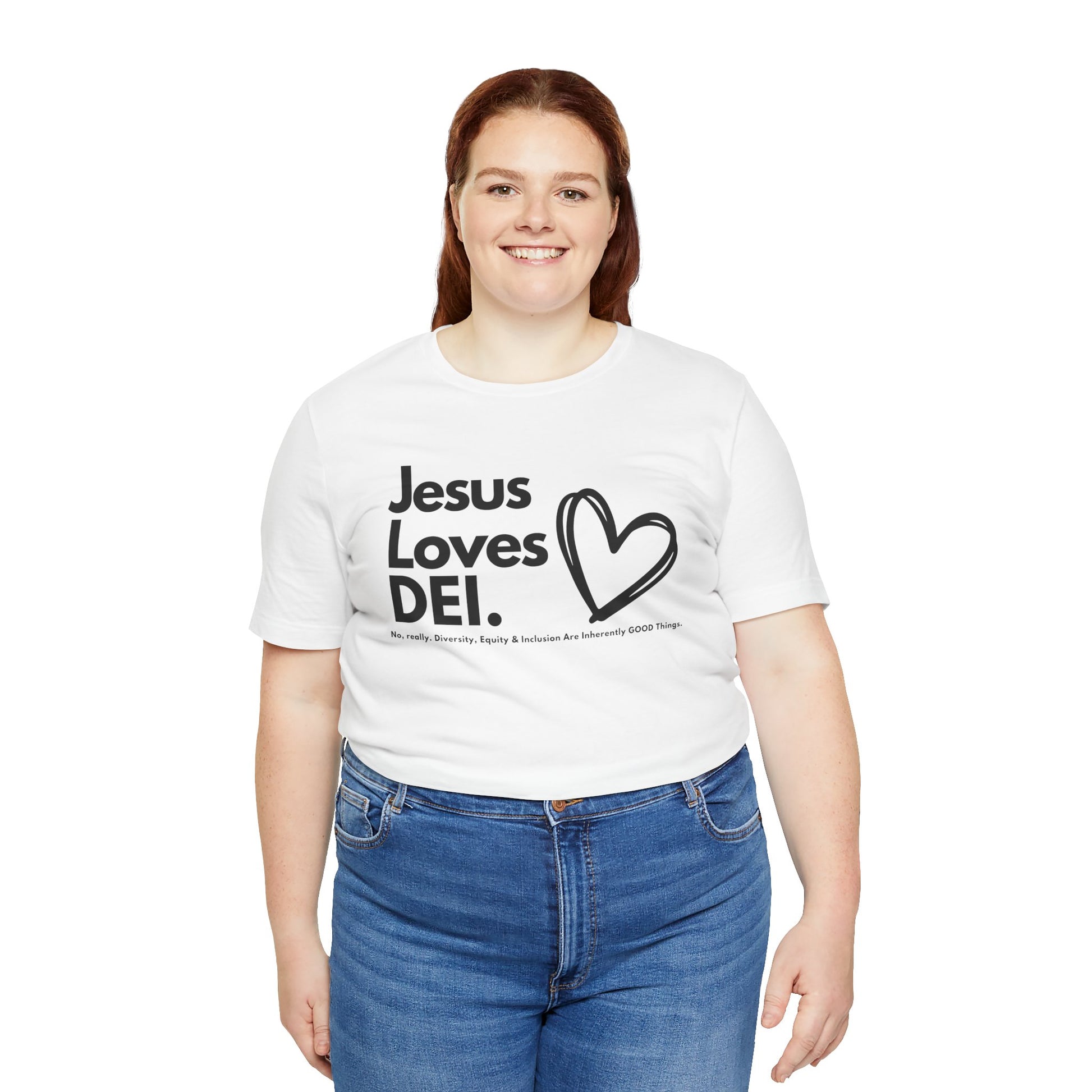 Jesus Loves DEI (Style 1, Heart) Unisex Tee | Progressive Statement T-Shirt for Everyday Wear