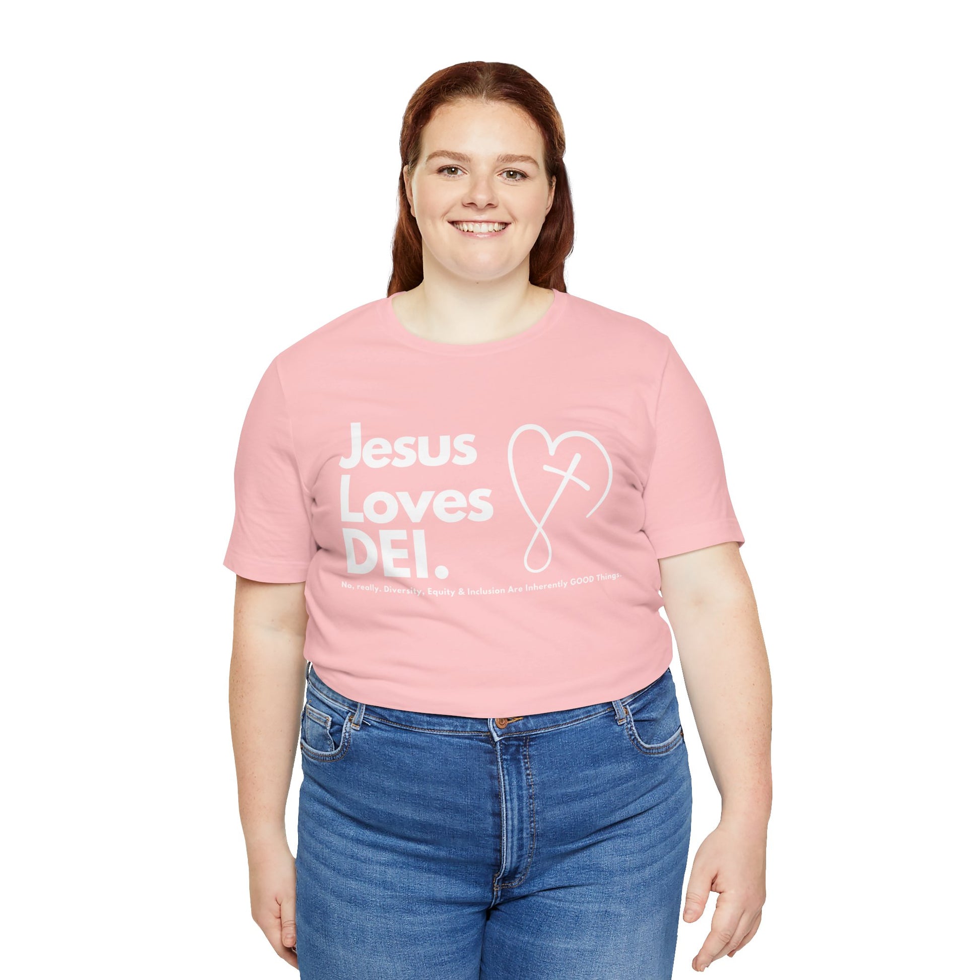 Jesus Loves DEI (Style 2, CrossHeart) Unisex Jersey Tee | Progressive Statement T-Shirt for Everyday Wear
